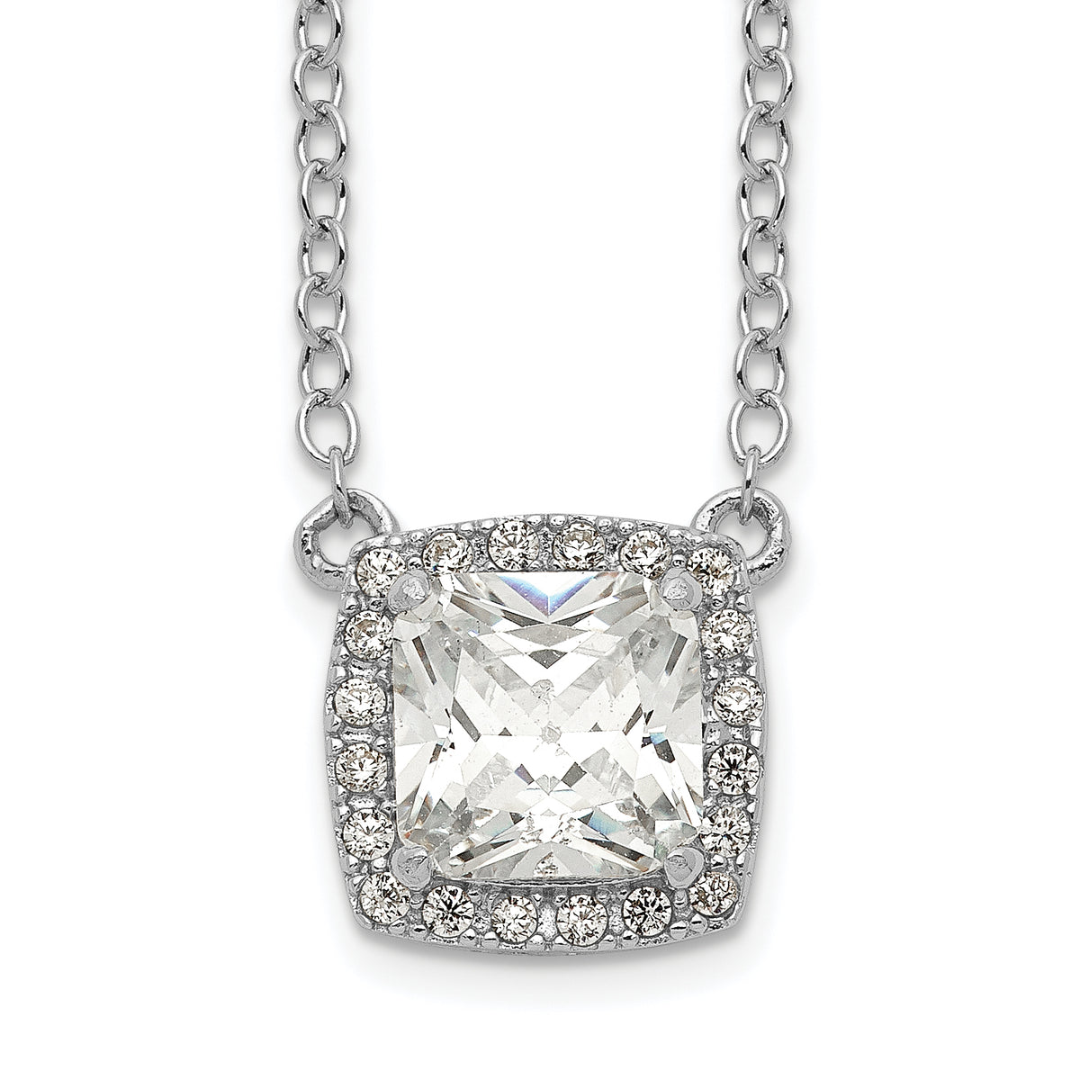 Sterling Silver Rhodium-plated Square CZ Halo With 1in ext Necklace