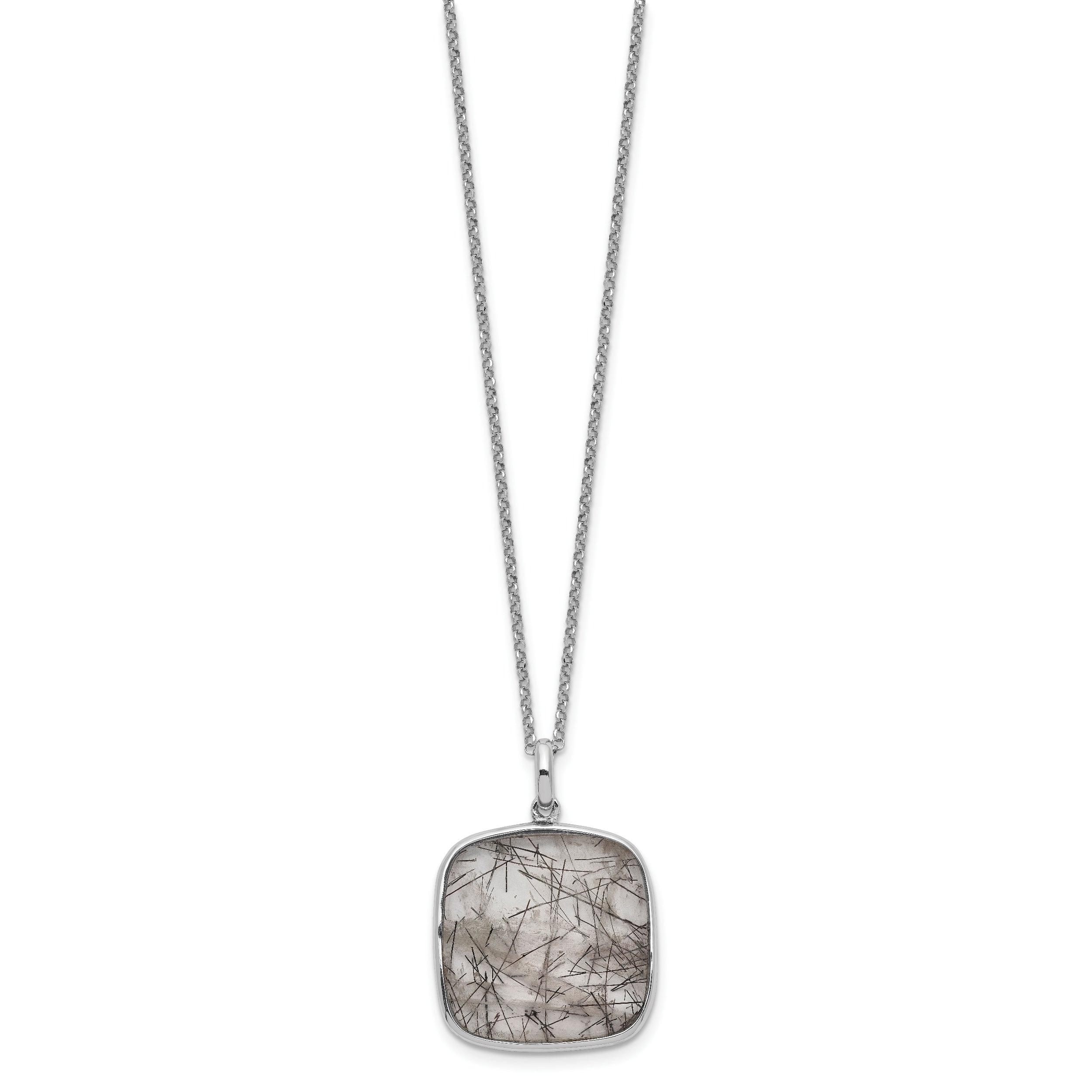 Sterling Silver Rhodium-plated Square Black Rutilated Quartz Necklace