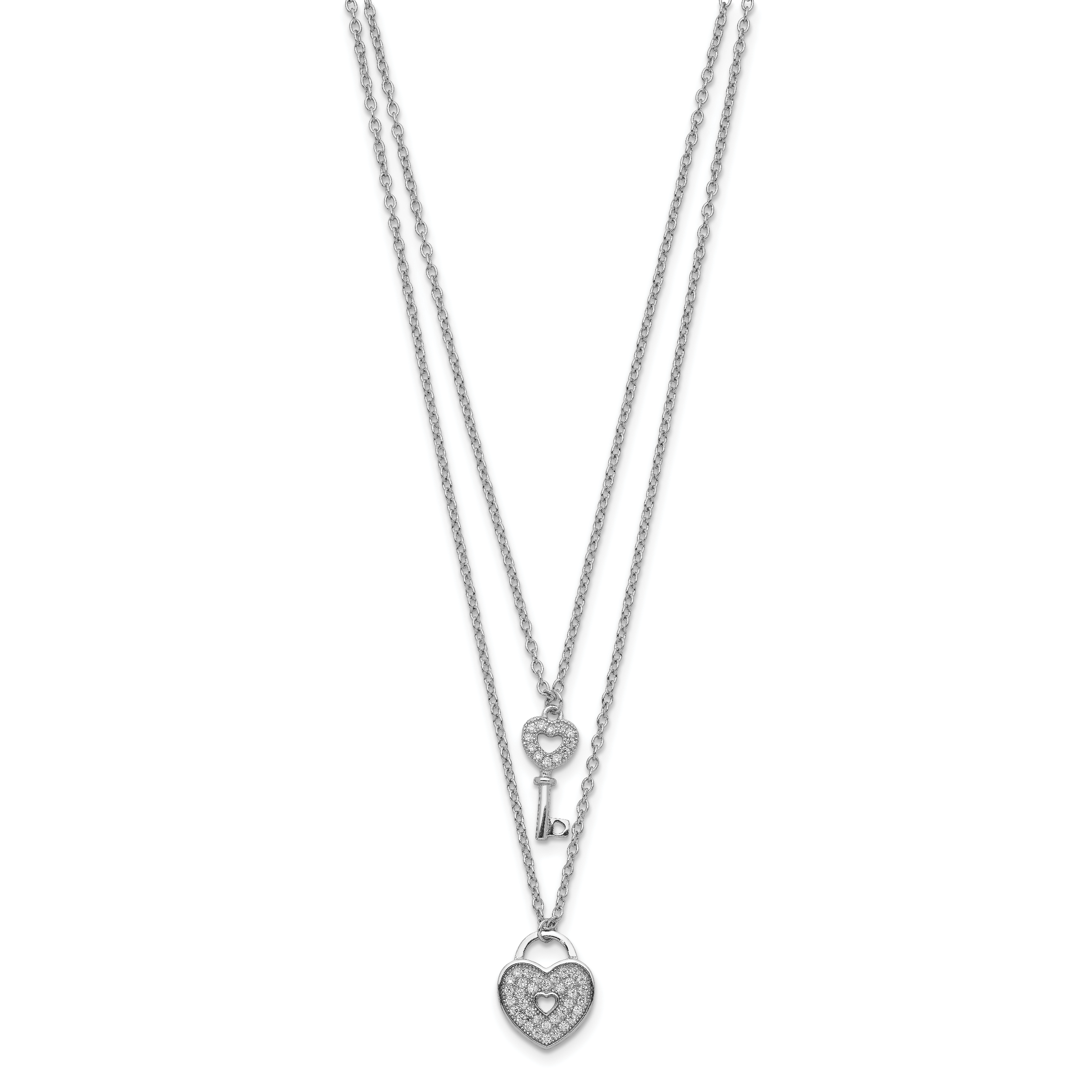 Sterling Silver Rhodium-plated CZ Heart Lock/Key With 2in ext Necklace
