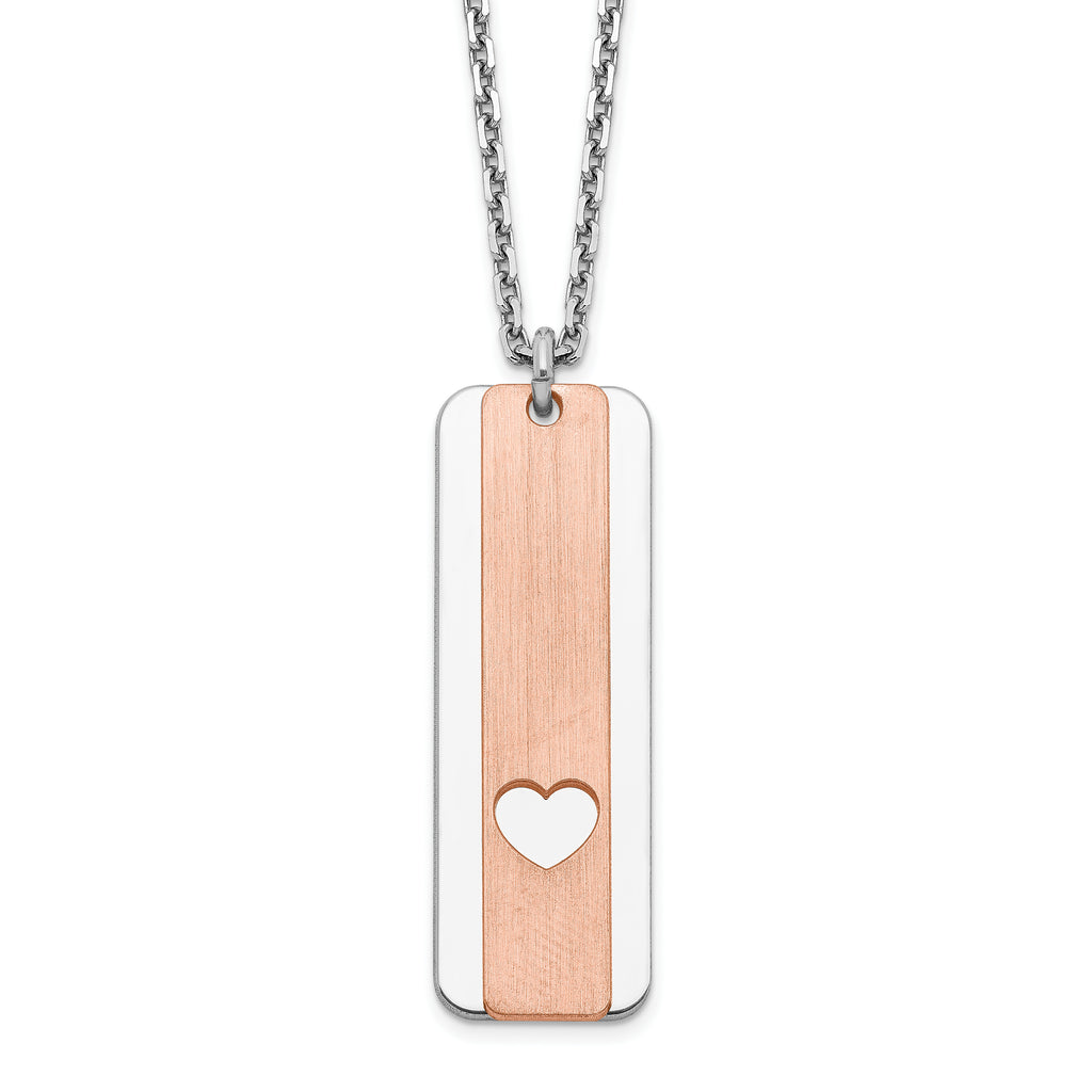 Sterling Silver RH-plated Dogtag With Rose-tone Heart With 1.25in ext Necklace