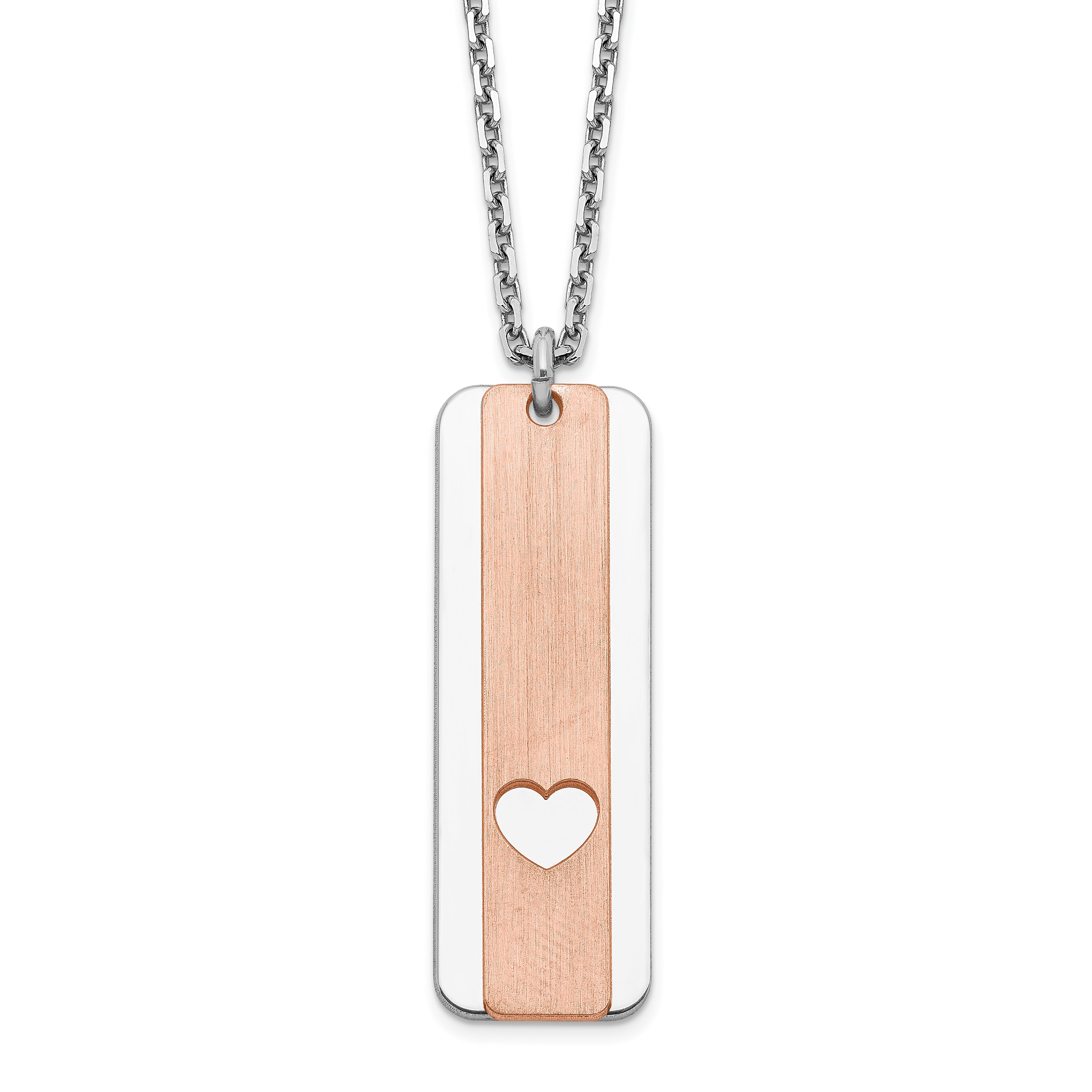 Sterling Silver RH-plated Dogtag With Rose-tone Heart With 1.25in ext Necklace