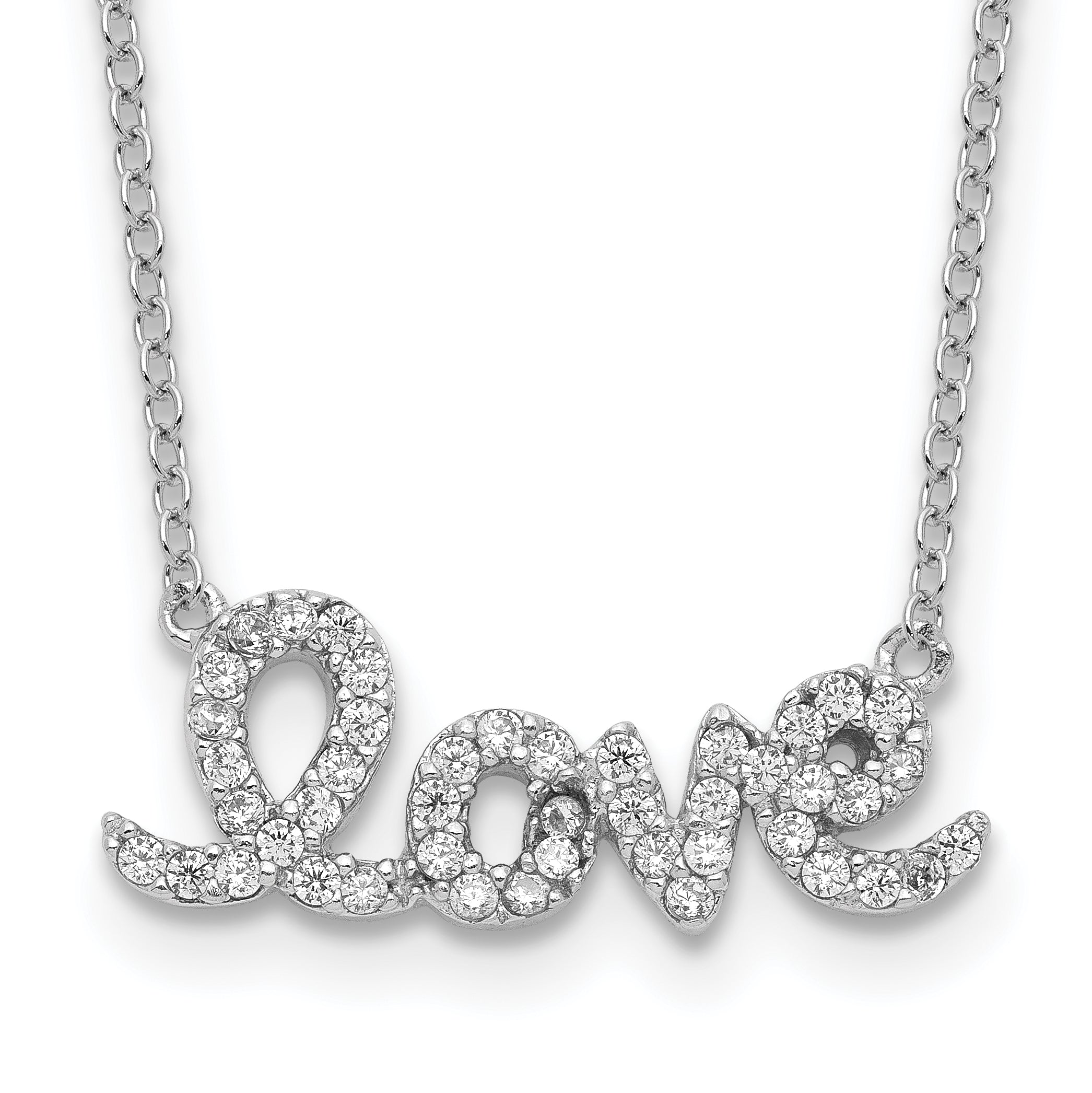 Sterling Silver Rhodium-plated CZ LOVE With 1in ext Necklace