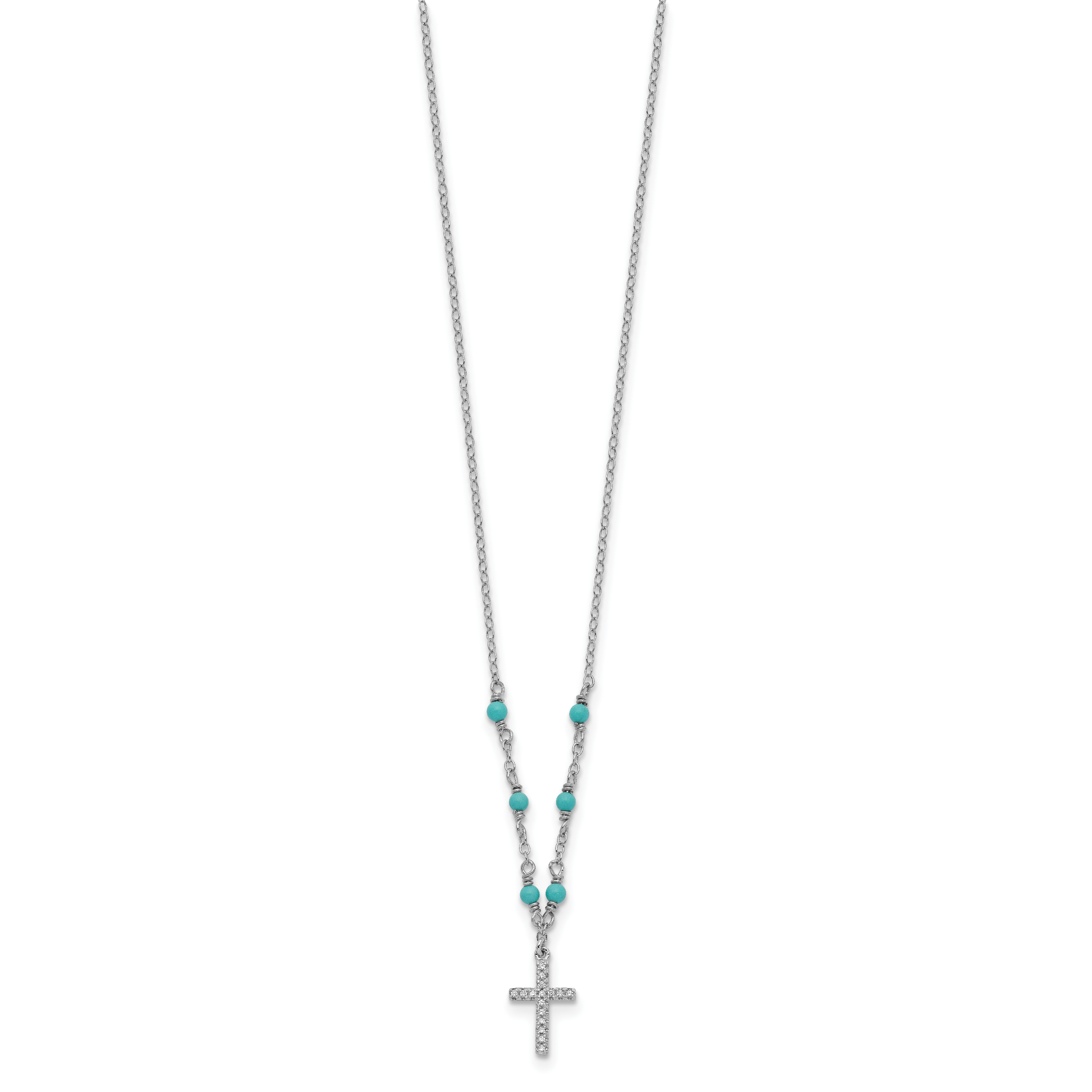 Sterling Silver RH-plated CZ Cross Synth. Turquoise 2in ext Necklace Secondary image