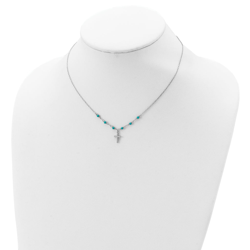Sterling Silver RH-plated CZ Cross Synth. Turquoise 2in ext Necklace