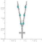 Sterling Silver RH-plated CZ Cross Synth. Turquoise 2in ext Necklace