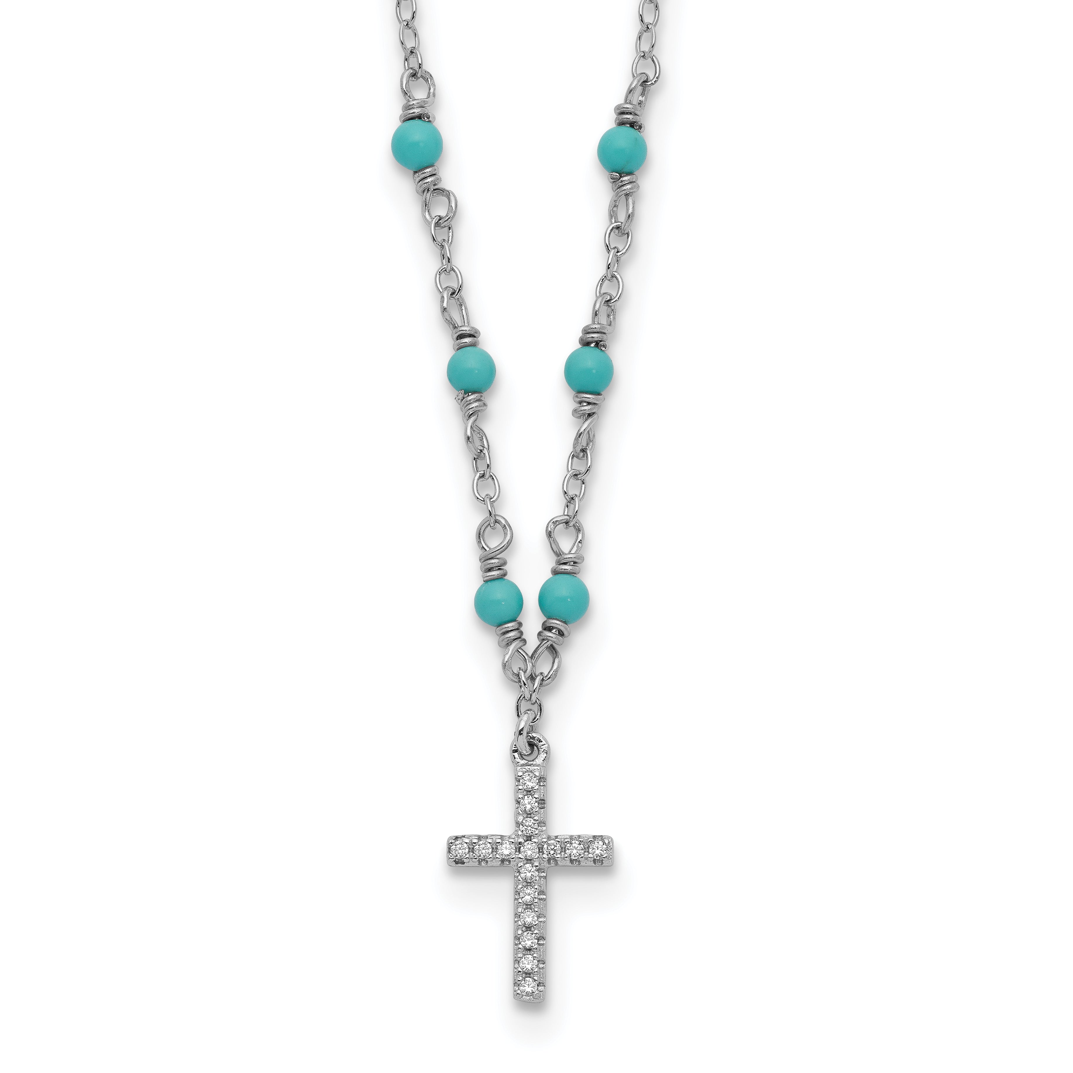 Sterling Silver RH-plated CZ Cross Synth. Turquoise 2in ext Necklace Main image