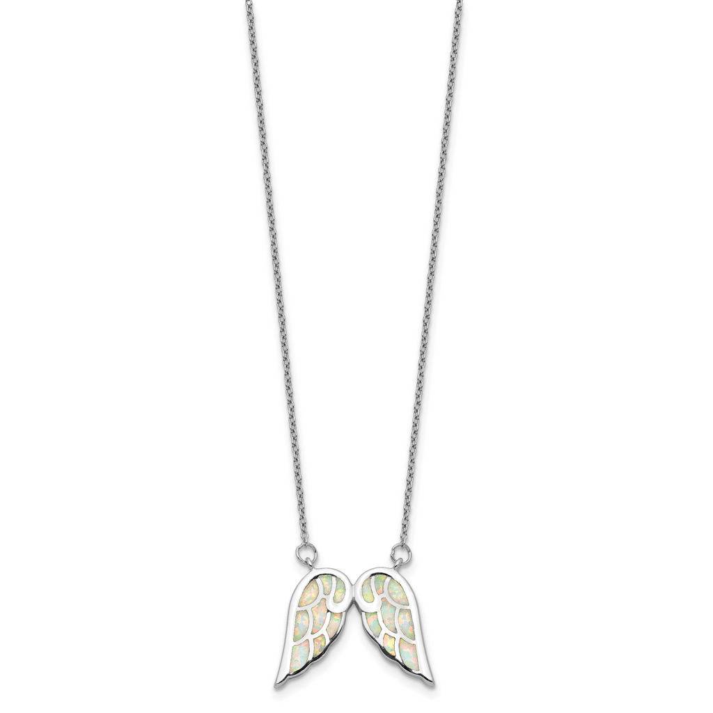 Sterling Silver Rhod-plated Created Opal Wings With 1.5in ext Necklace
