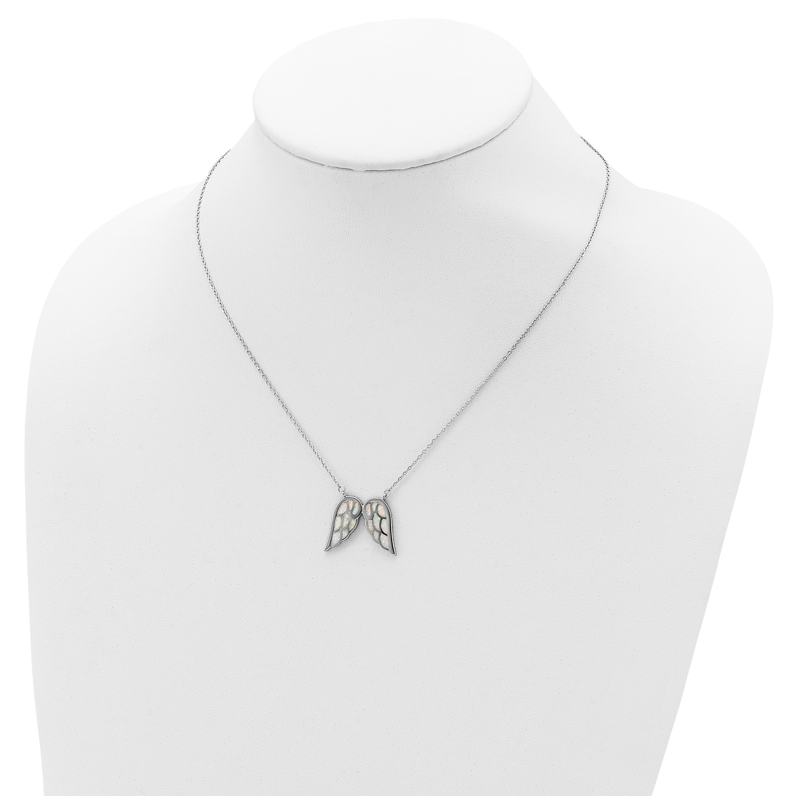 Sterling Silver Rhod-plated Created Opal Wings With 1.5in ext Necklace
