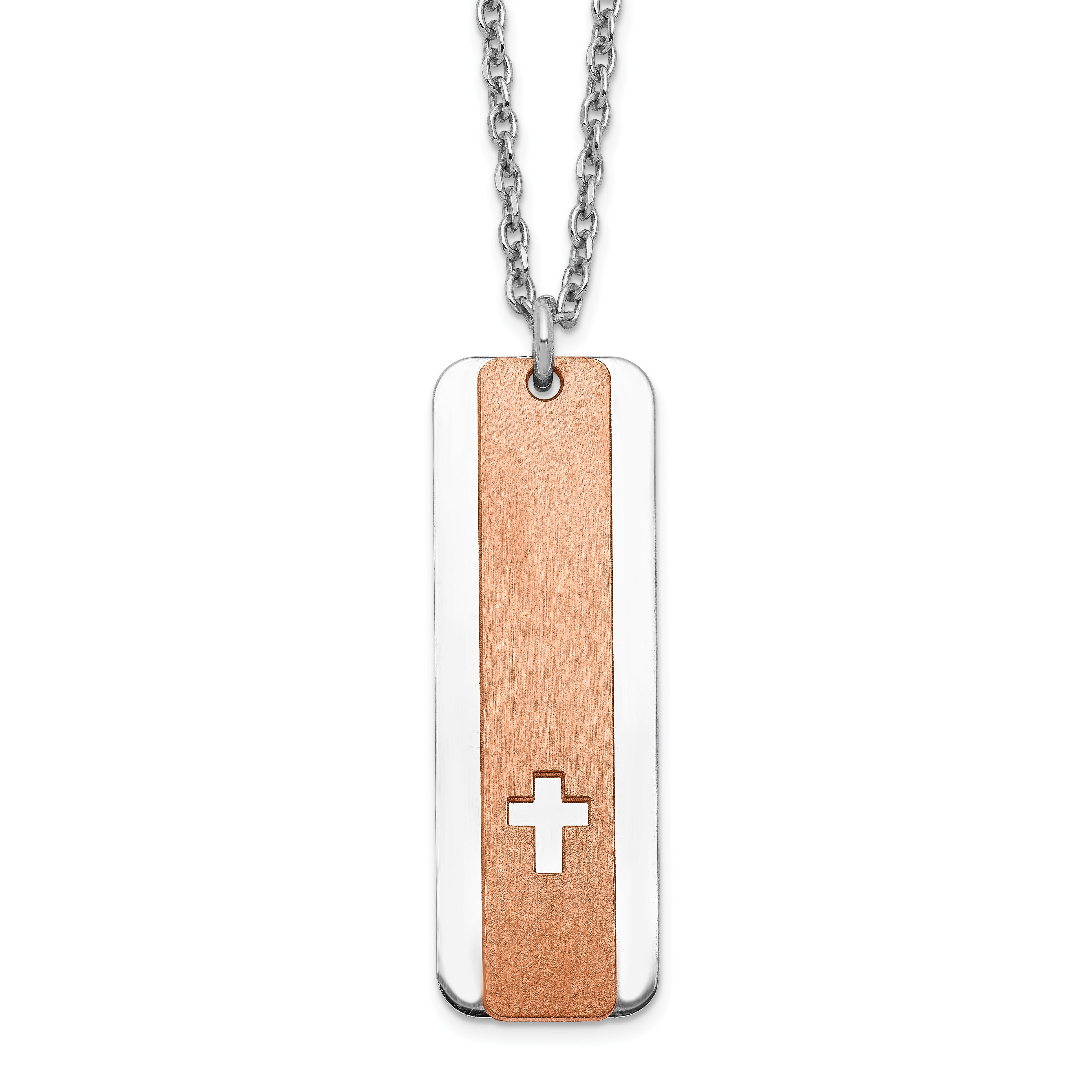 Sterling Silver RH-plated Dogtag With Rose-tone Cross With 1.25in ext Necklace