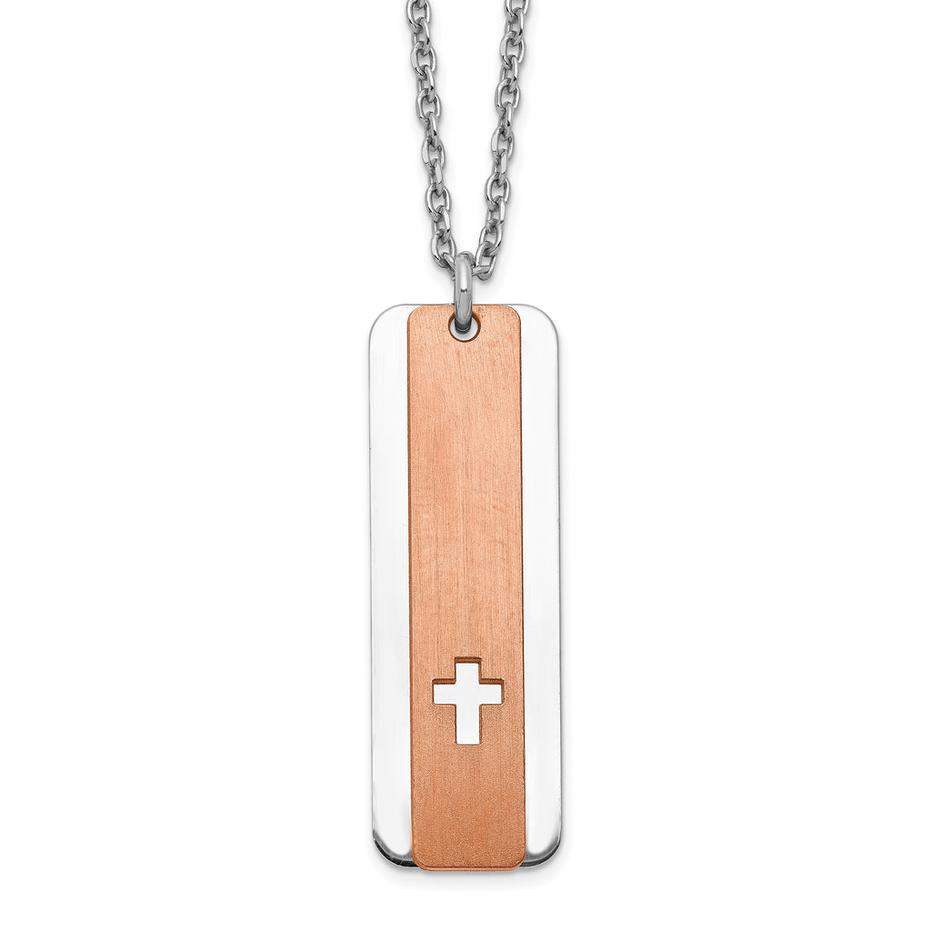 Sterling Silver RH-plated Dogtag With Rose-tone Cross With 1.25in ext Necklace