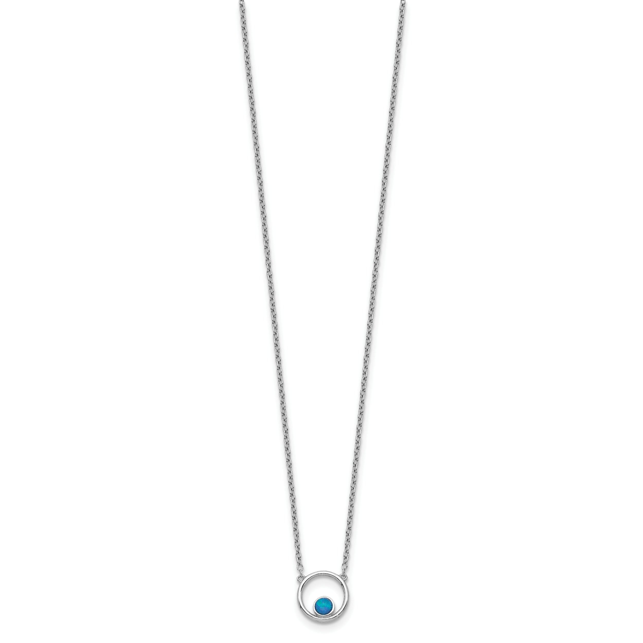 Sterling Silver Rhodium-plated Created Opal Circle With  2in ext. Necklace