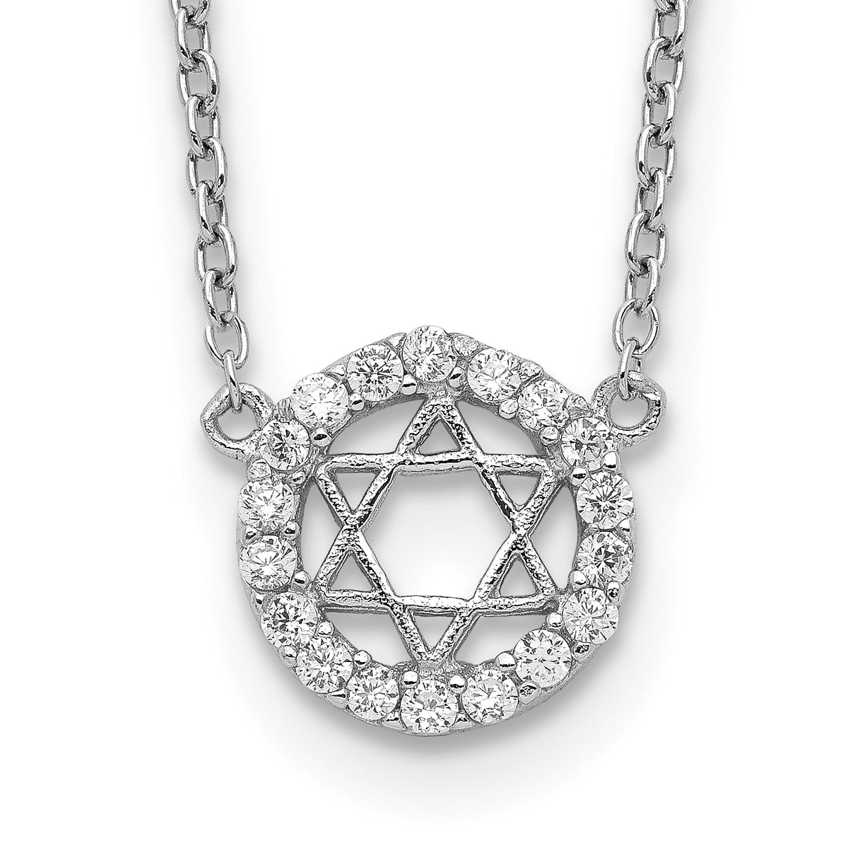 Sterling Silver Rhodium-plated CZ Star of David With  2in ext. Necklace
