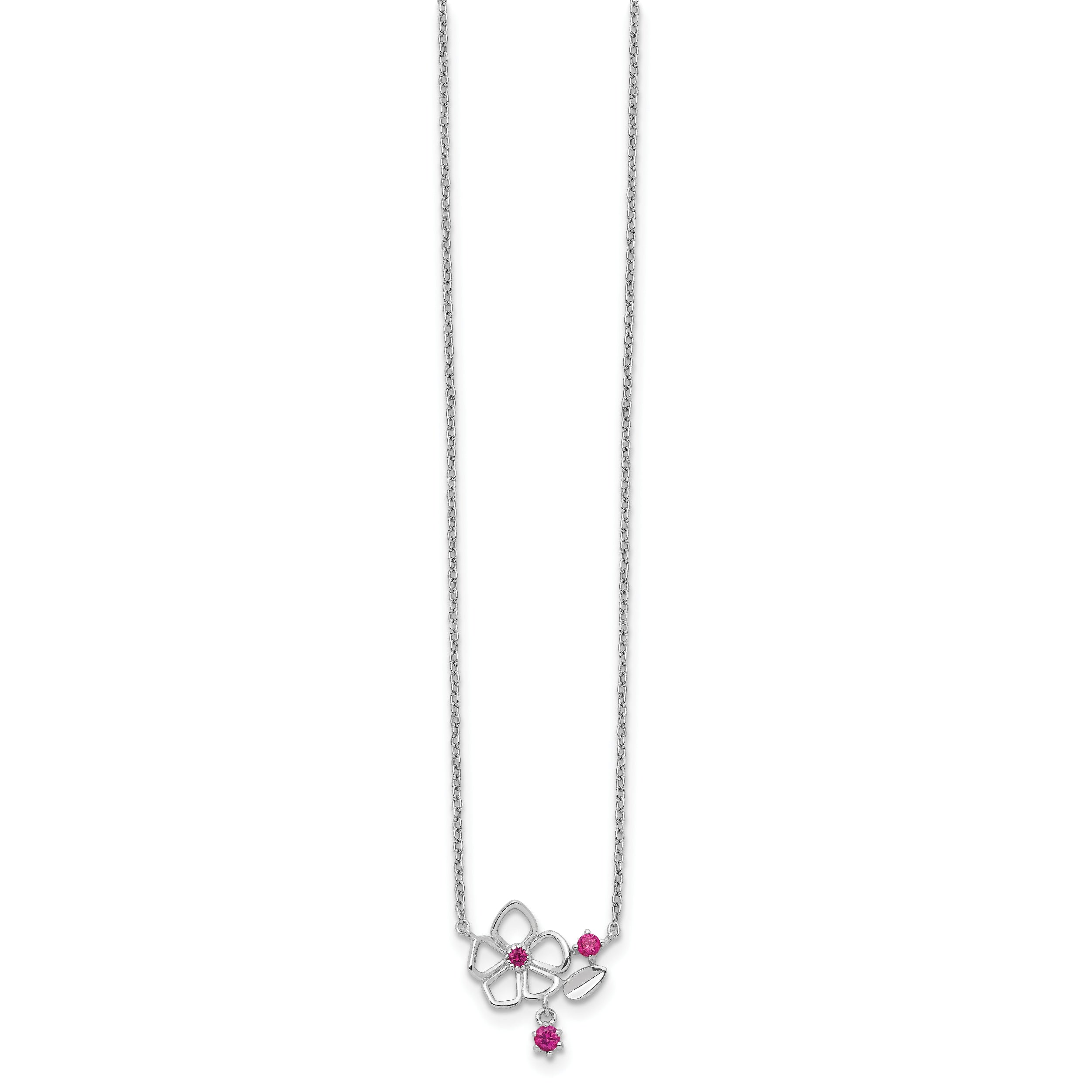 Sterling Silver Rhodium-plated Pink CZ Flower With 2in. Ext. Necklace