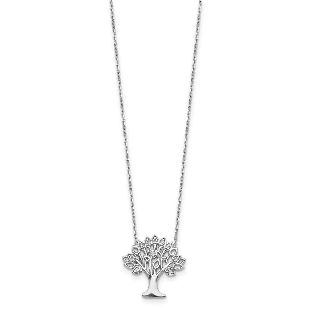 Sterling Silver Rhodium-plated CZ Tree With  2in ext. Necklace