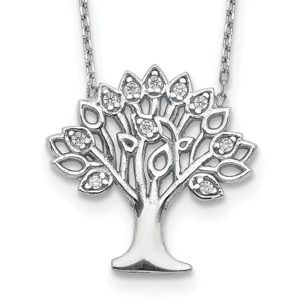 Sterling Silver Rhodium-plated CZ Tree With  2in ext. Necklace