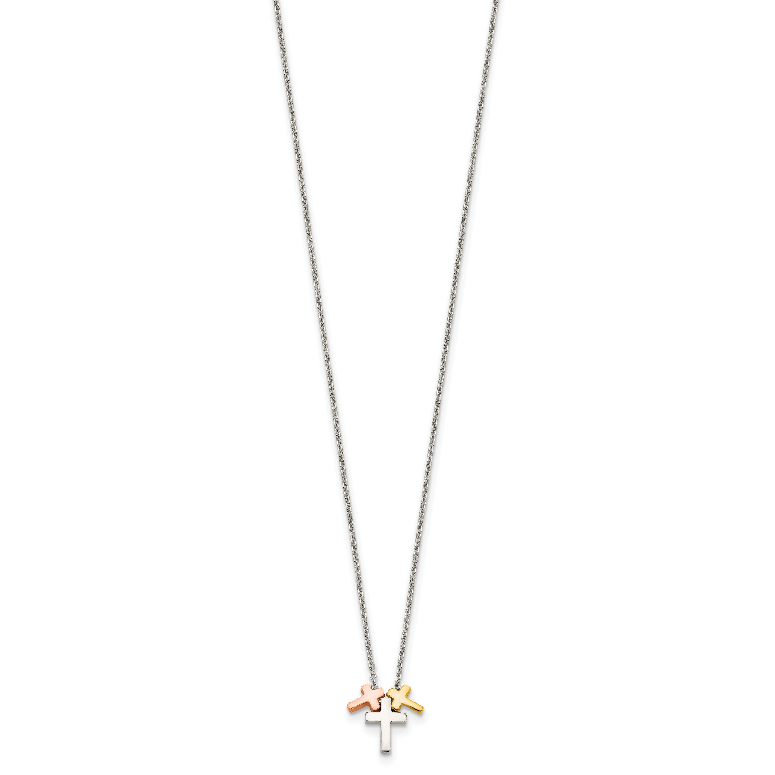 Sterling Silver Rose and Gold-tone 3-Cross With  2in ext. Necklace