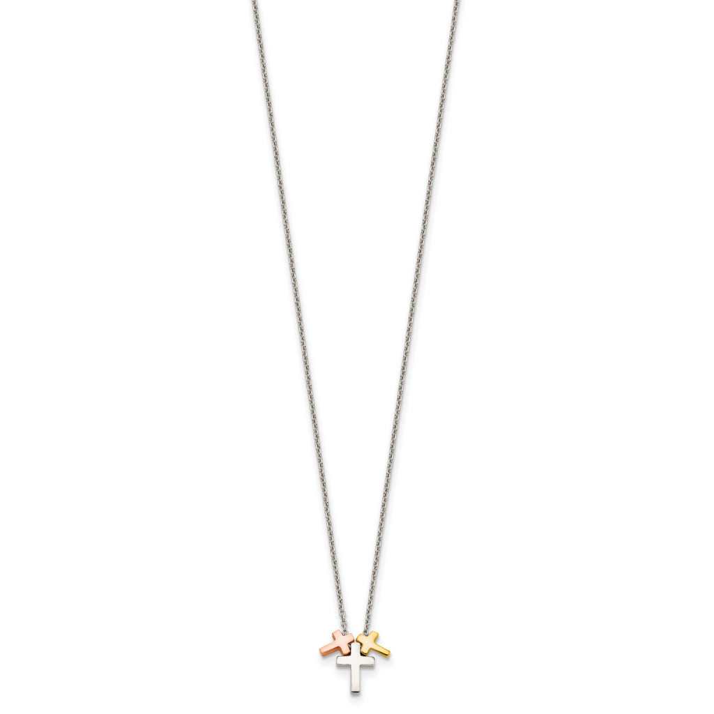 Sterling Silver Rose and Gold-tone 3-Cross With  2in ext. Necklace