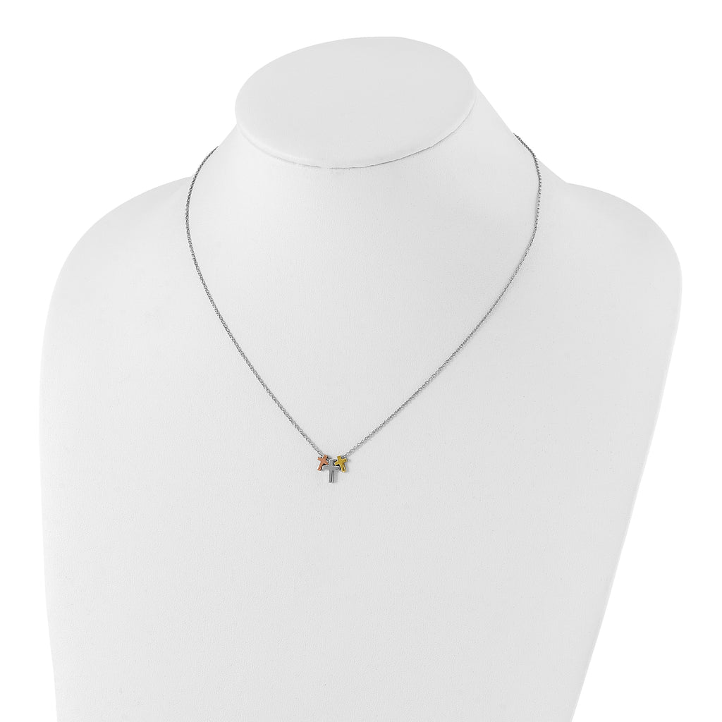 Sterling Silver Rose and Gold-tone 3-Cross With  2in ext. Necklace