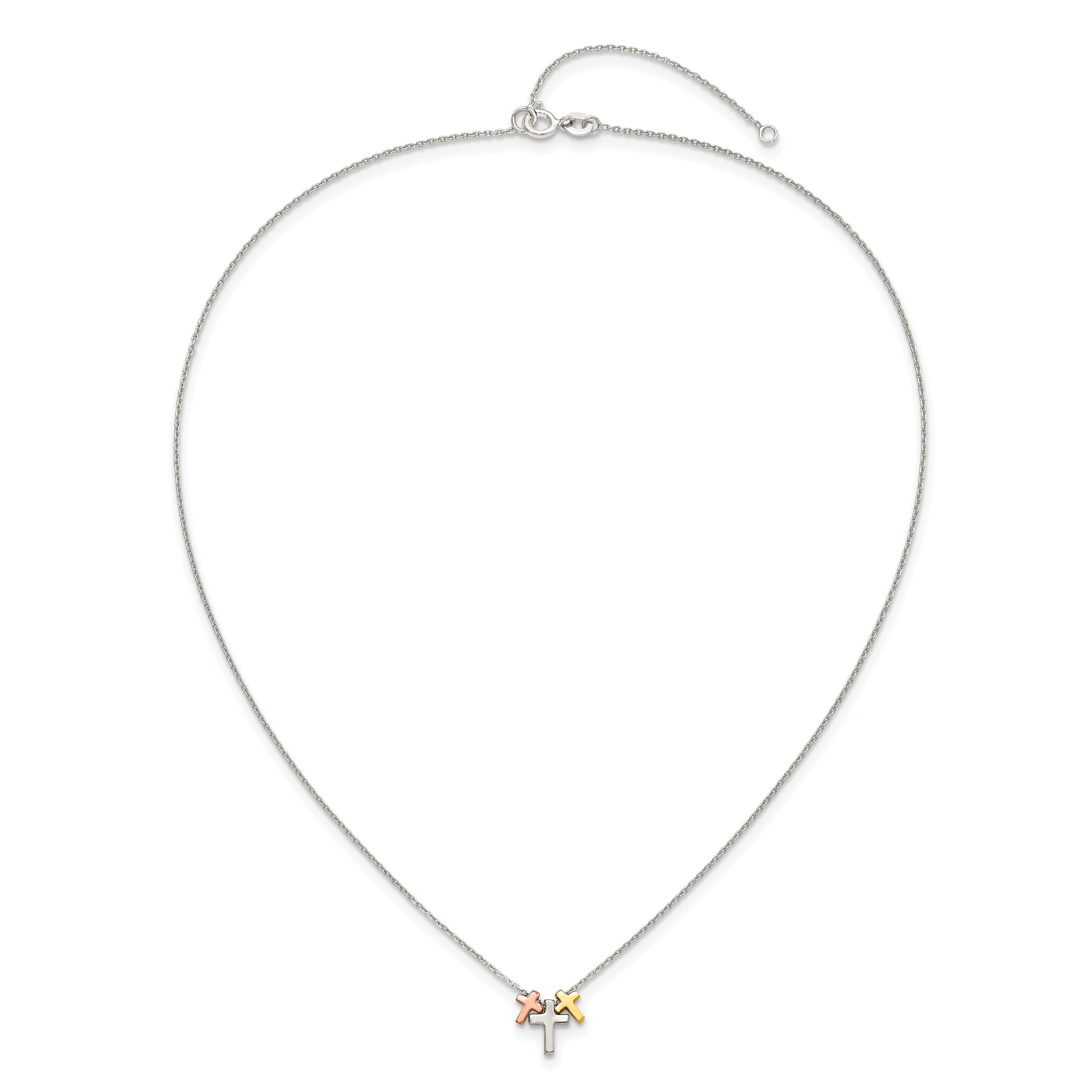 Sterling Silver Rose and Gold-tone 3-Cross With  2in ext. Necklace