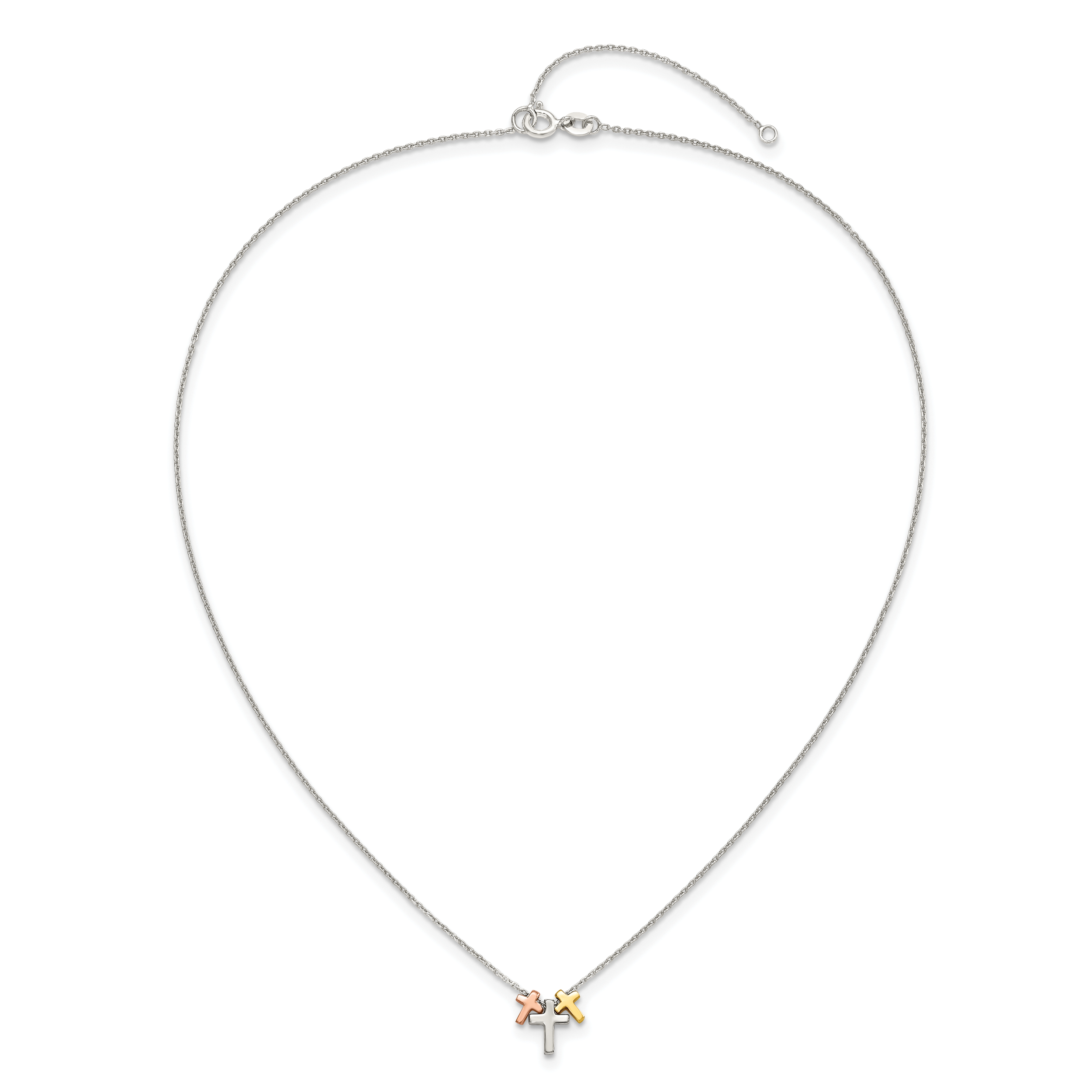 Sterling Silver Rose and Gold-tone 3-Cross With  2in ext. Necklace
