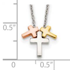 Sterling Silver Rose and Gold-tone 3-Cross With  2in ext. Necklace