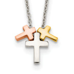 Sterling Silver Rose and Gold-tone 3-Cross With  2in ext. Necklace