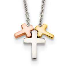 Sterling Silver Rose and Gold-tone 3-Cross With  2in ext. Necklace