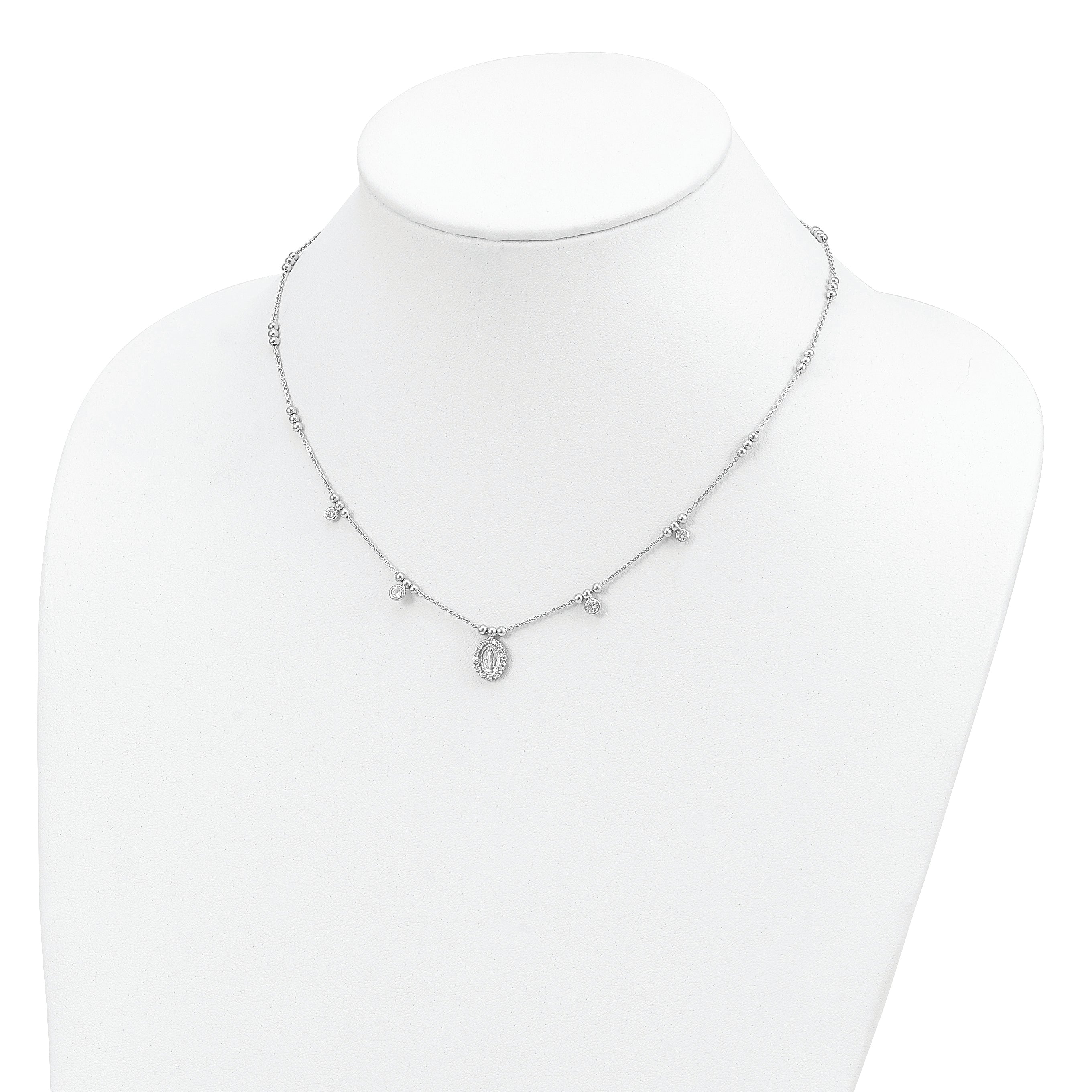 Sterling Silver RH-plated CZ Miraculous Medal With 1.5in ext. Necklace