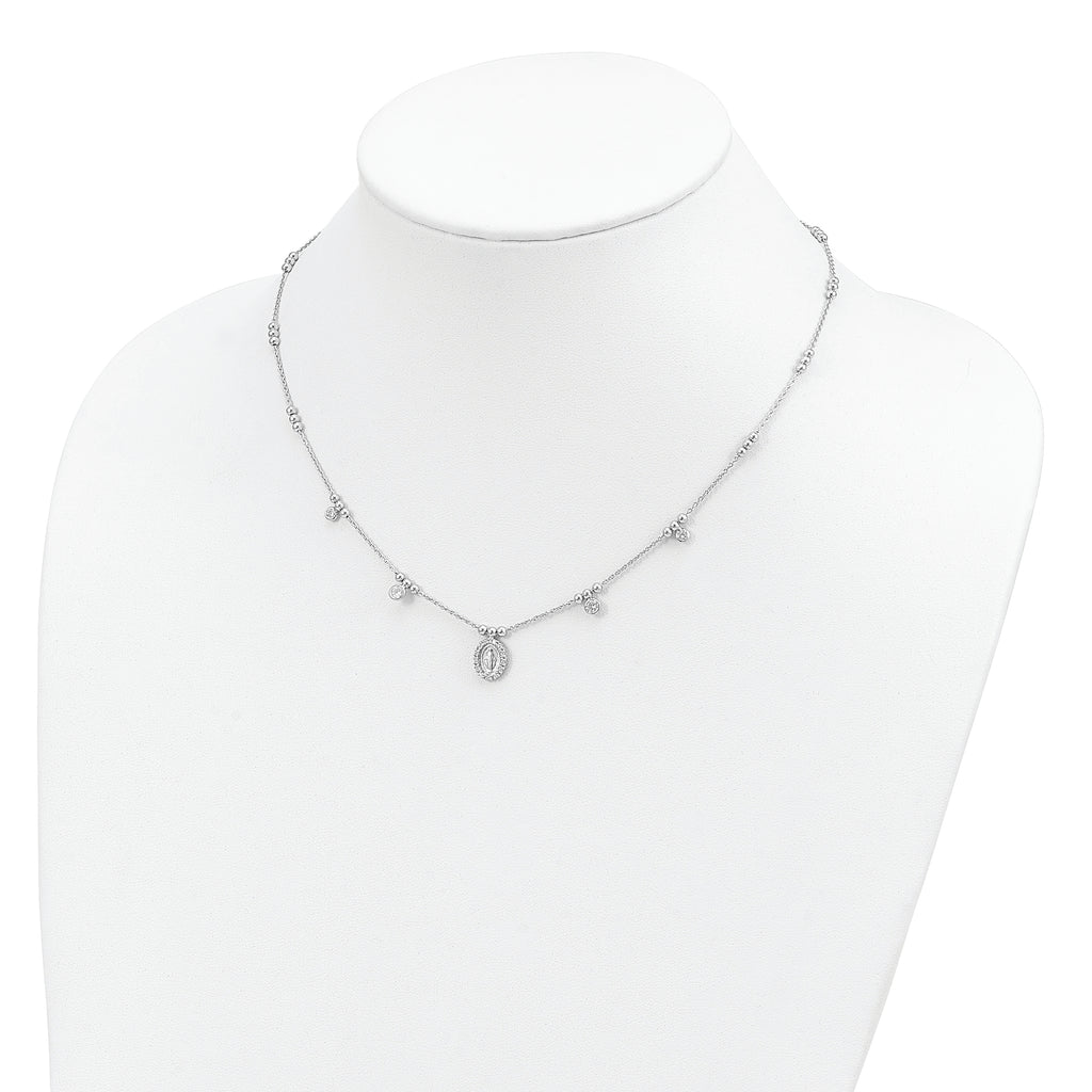 Sterling Silver RH-plated CZ Miraculous Medal With 1.5in ext. Necklace