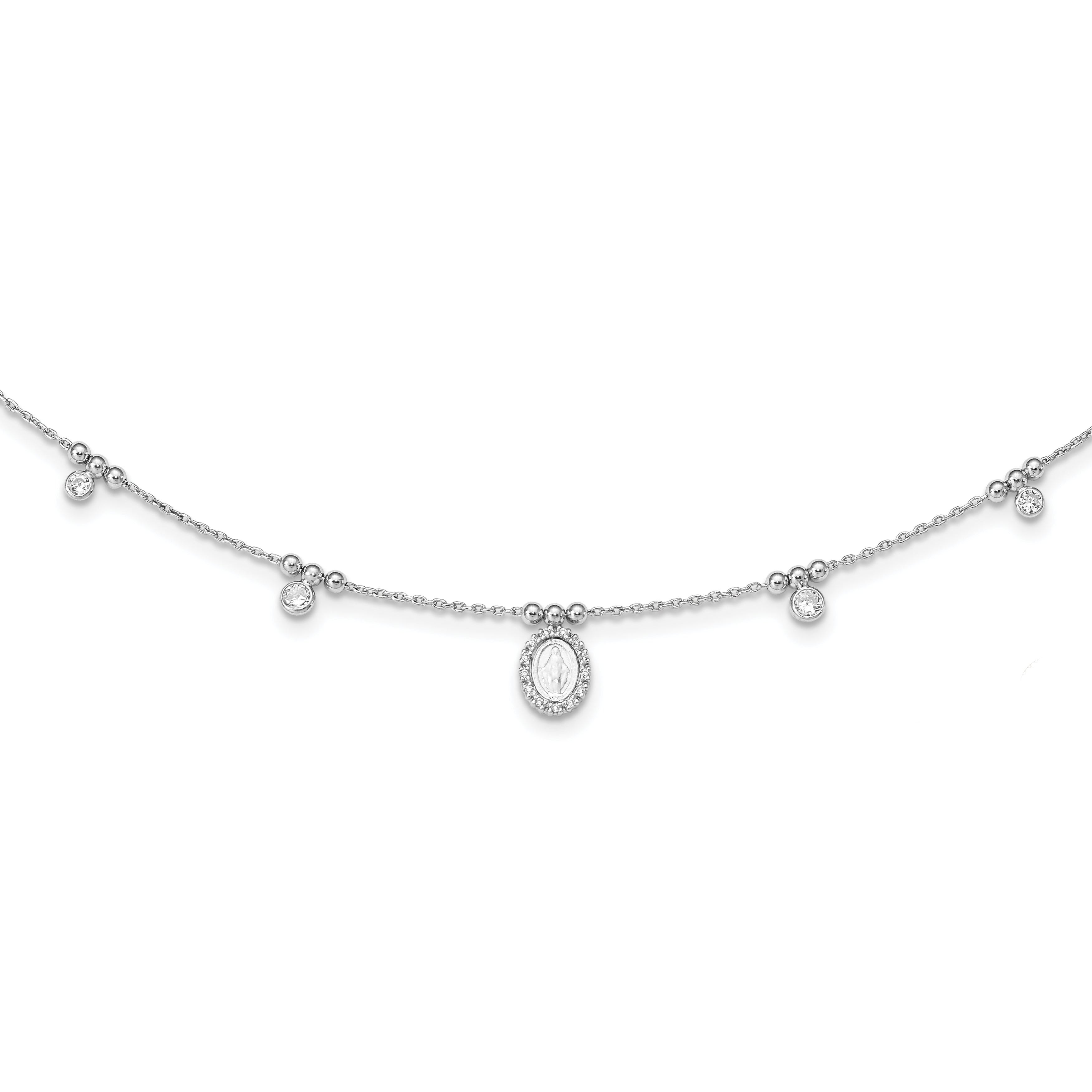 Sterling Silver RH-plated CZ Miraculous Medal With 1.5in ext. Necklace Main image