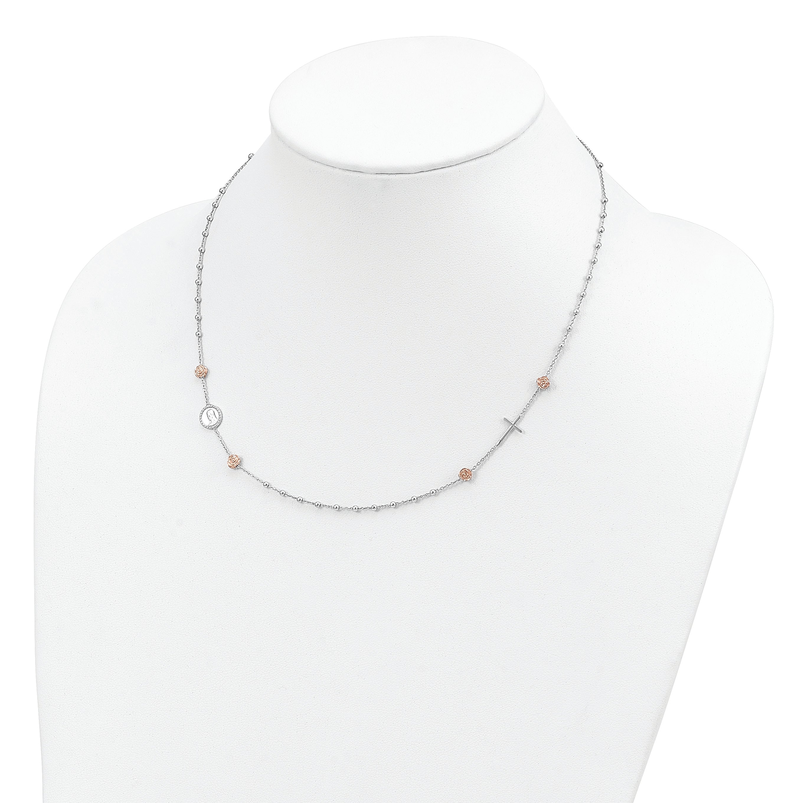 Sterling Silver Beaded with Rose-tone Roses Religious 18 inch Necklace with 1 inch extension