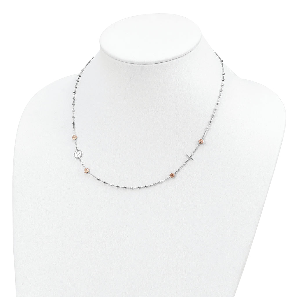 Sterling Silver Beaded with Rose-tone Roses Religious 18 inch Necklace with 1 inch extension