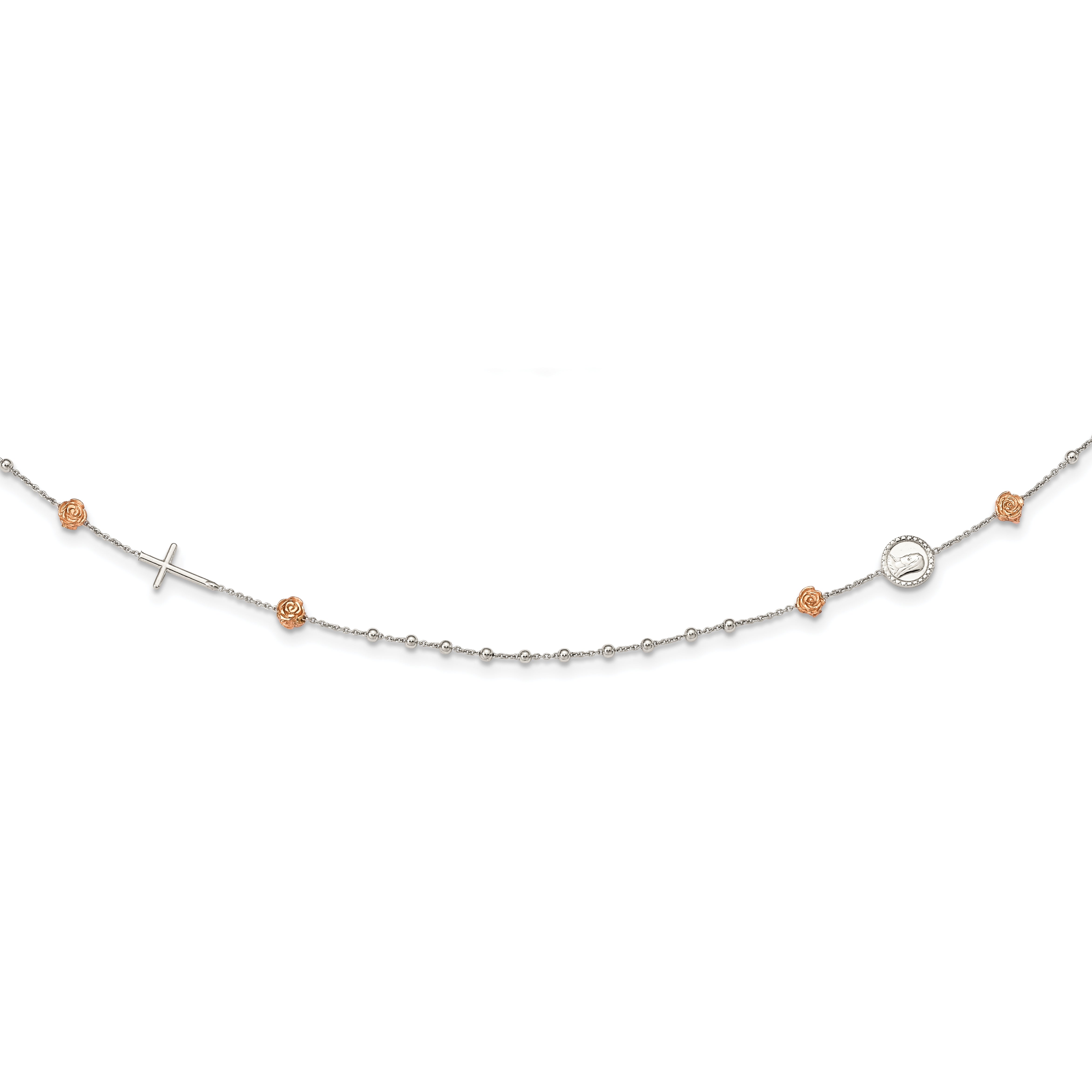 Sterling Silver Beaded with Rose-tone Roses Religious 18 inch Necklace with 1 inch extension Main image