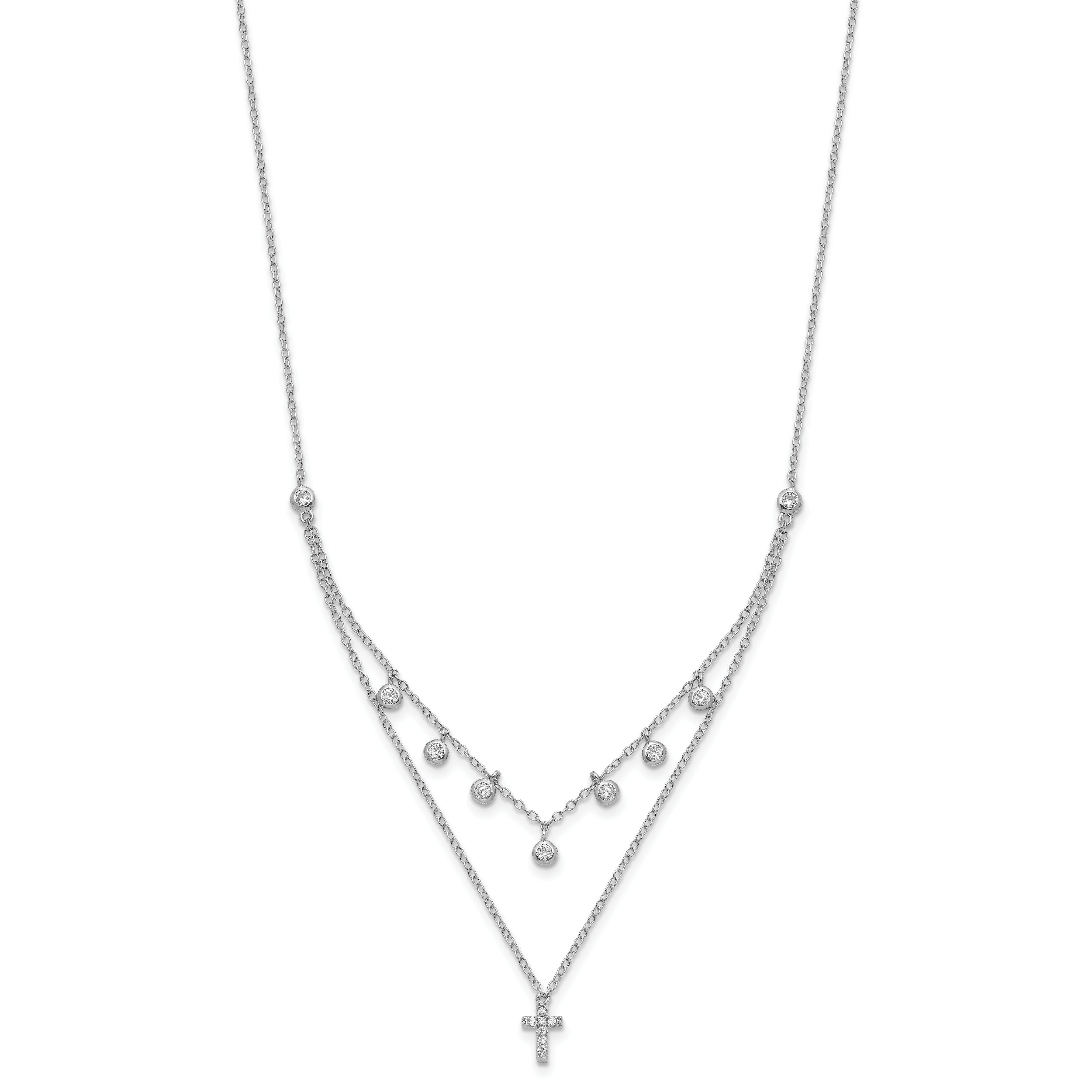Sterling Silver Rhodium-plated CZ Cross With  2in ext. Necklace