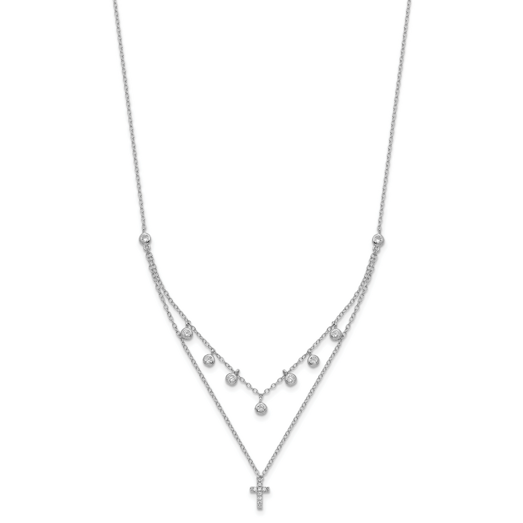Sterling Silver Rhodium-plated CZ Cross With  2in ext. Necklace