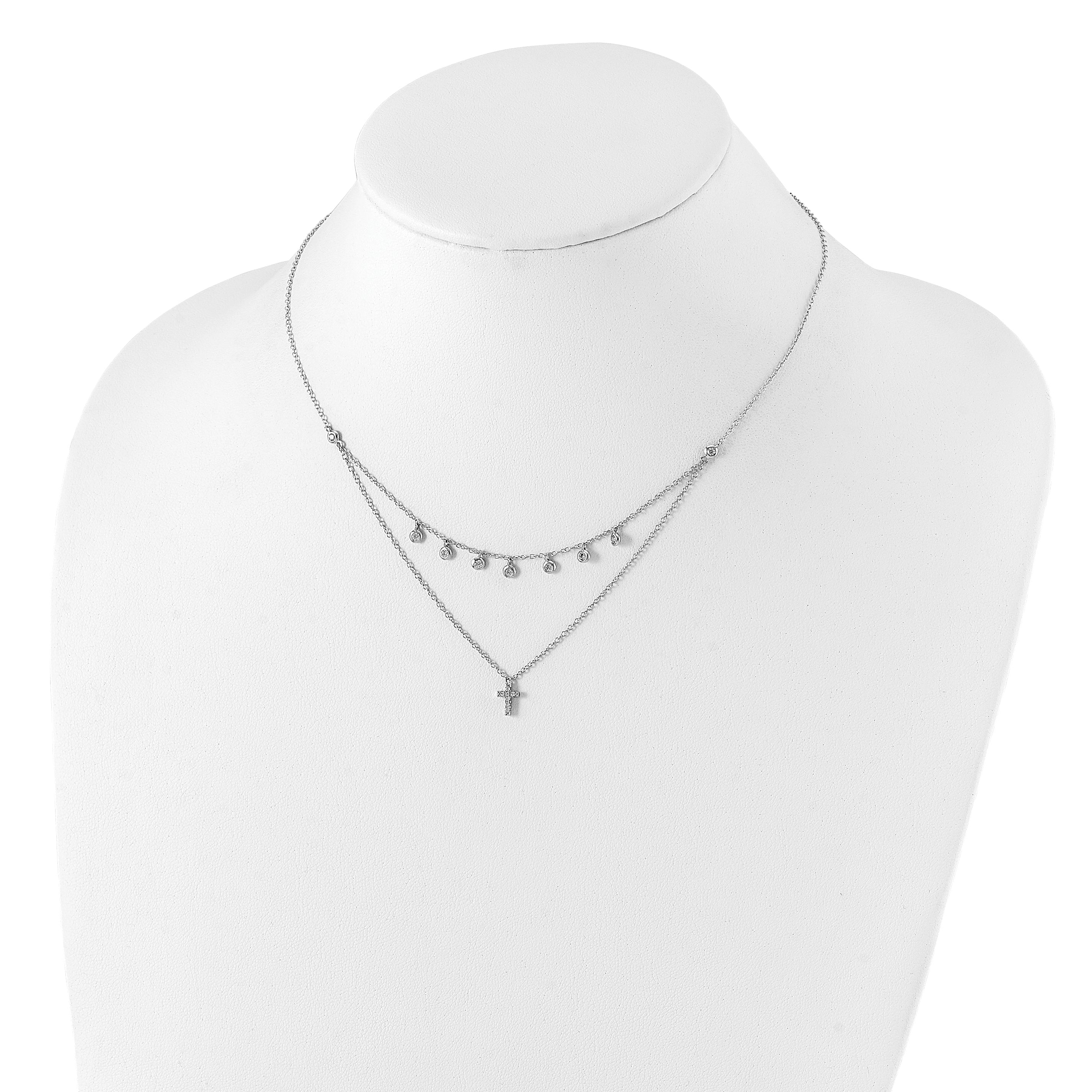 Sterling Silver Rhodium-plated CZ Cross With  2in ext. Necklace