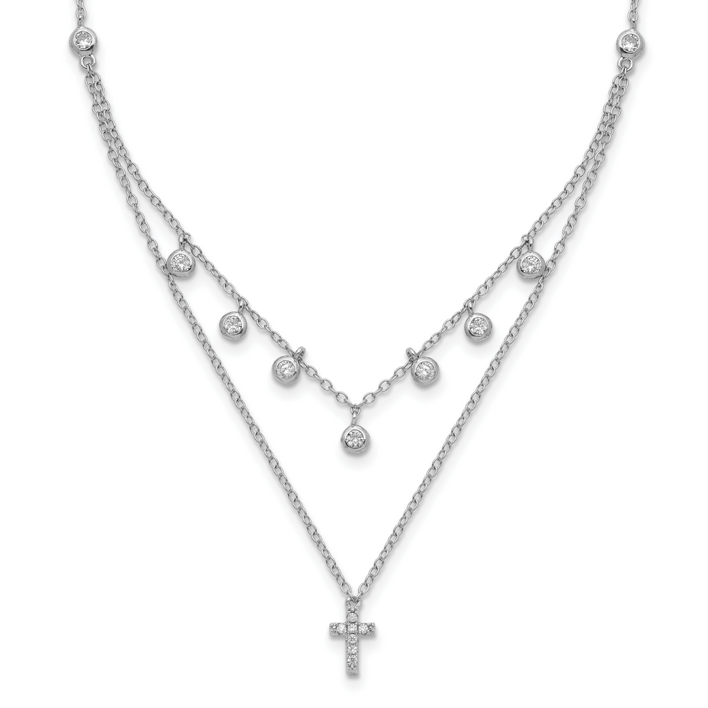 Sterling Silver Rhodium-plated CZ Cross With  2in ext. Necklace