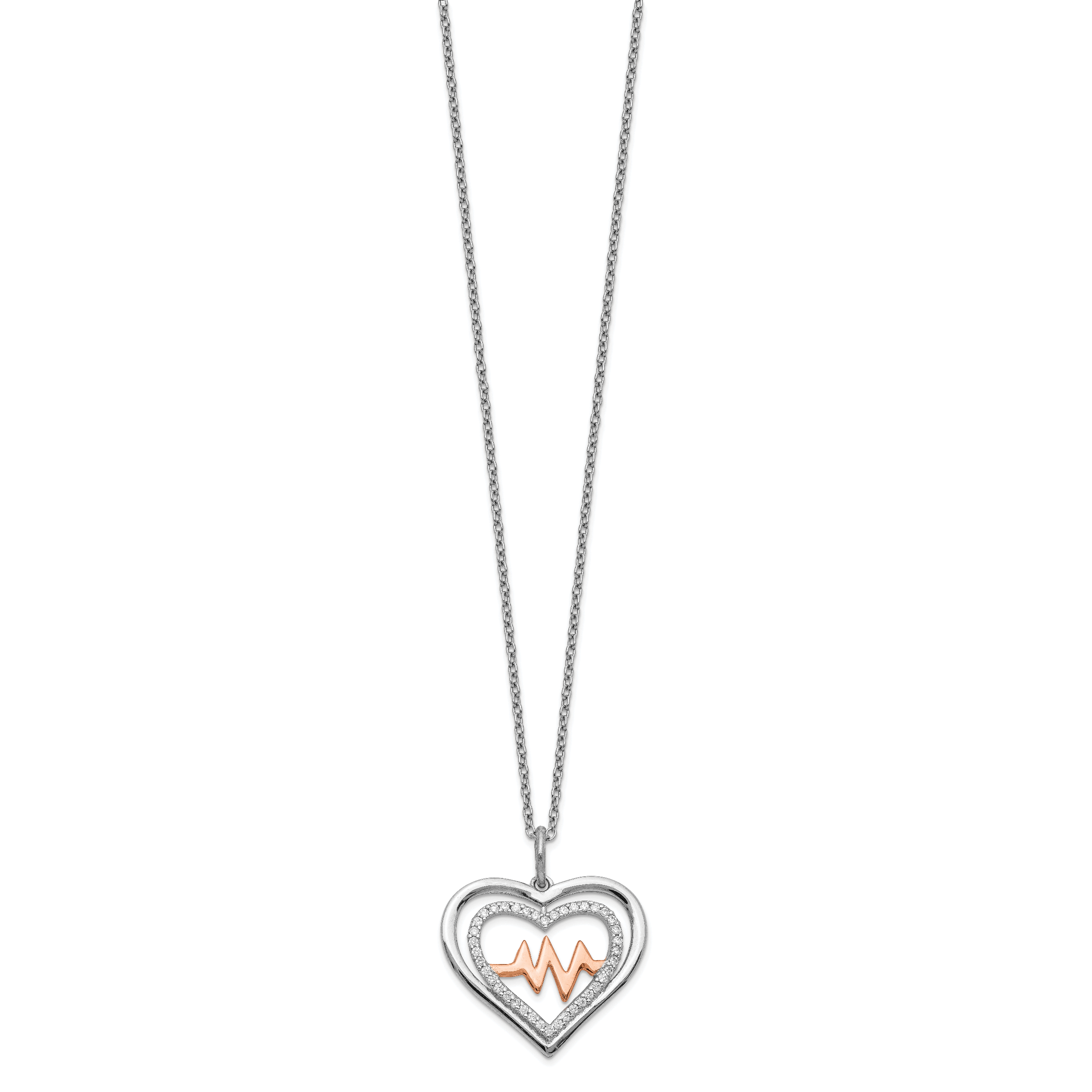 Sterling Silver RH-plated Rose-tone CZ Heartbeat With 2in ext Necklace