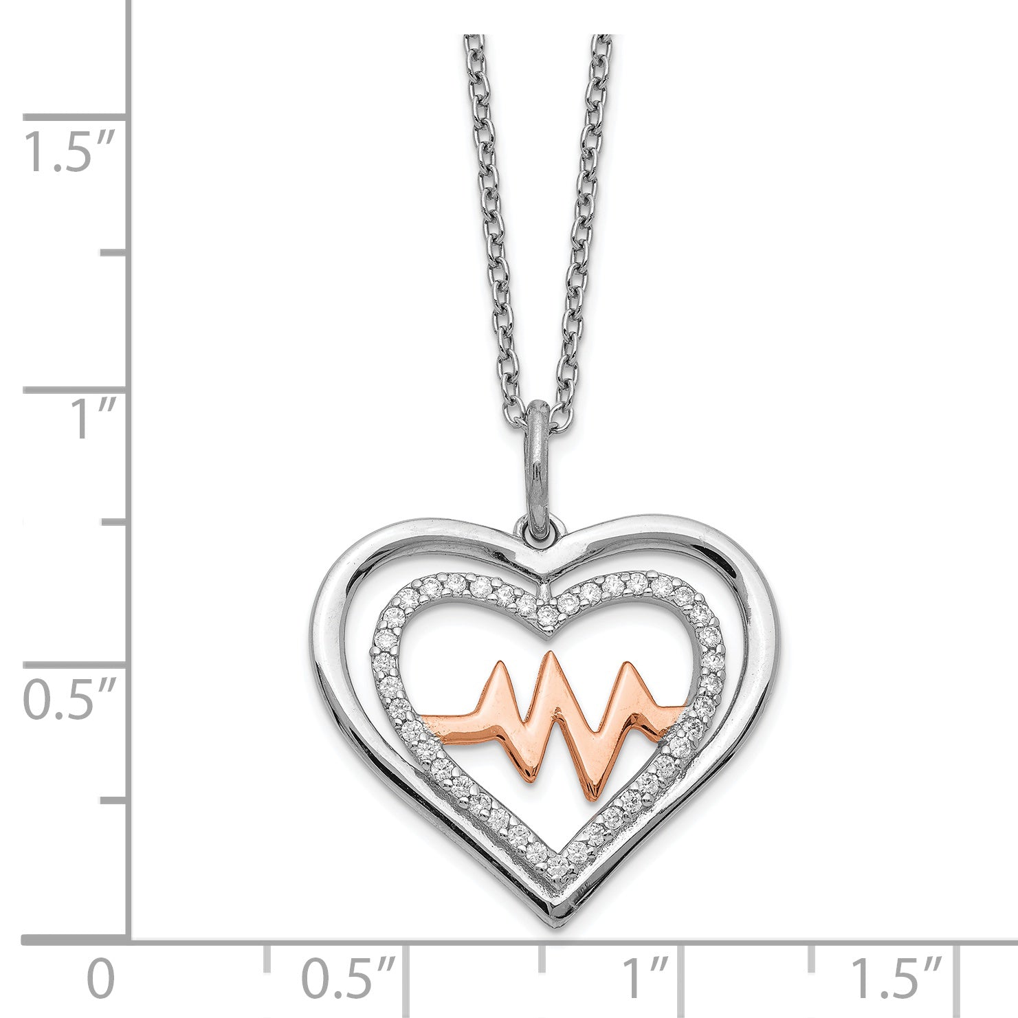 Sterling Silver RH-plated Rose-tone CZ Heartbeat With 2in ext Necklace