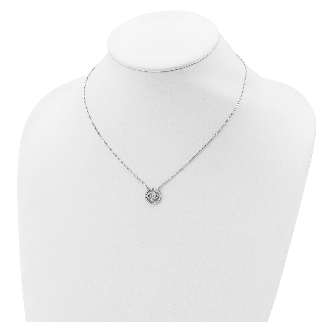 Sterling Silver Rhodium Plated CZ Evil Eye Necklace With 2in ext.