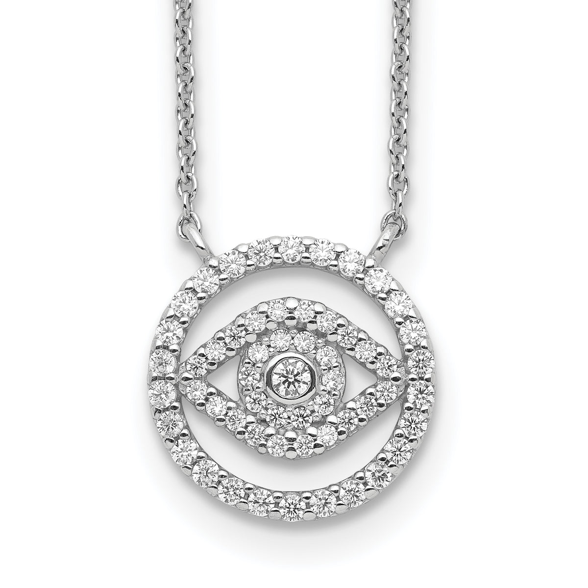 Sterling Silver Rhodium Plated CZ Evil Eye Necklace With 2in ext.