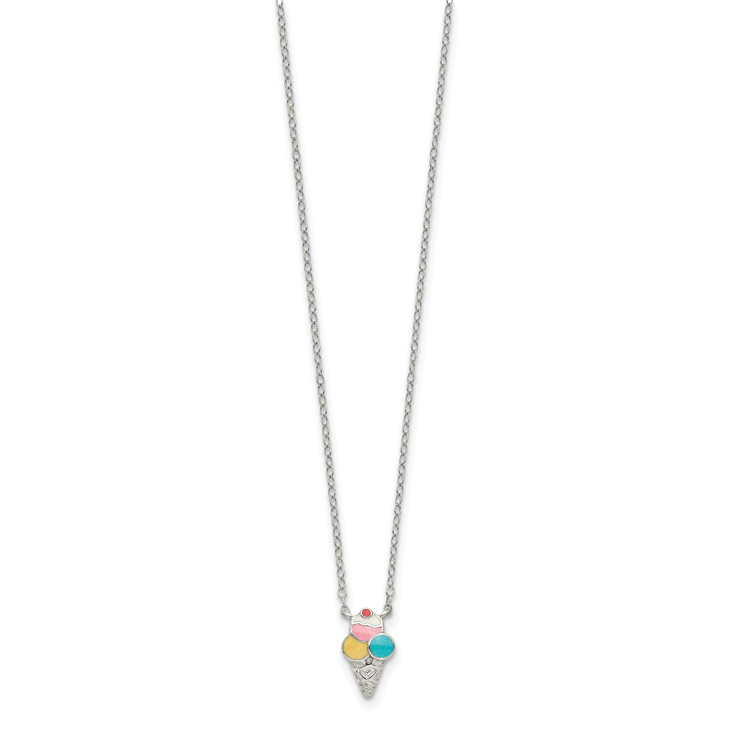 Sterling Silver Polished & Textured Multi-color Enameled Ice Cream Cone with 2 Inch Extension Children's Necklace Secondary image