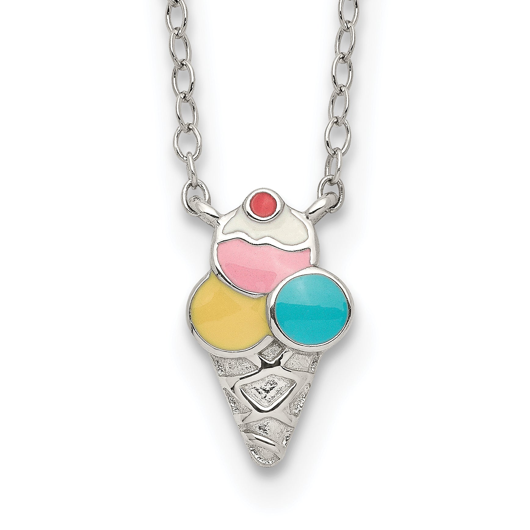 Sterling Silver Polished & Textured Multi-color Enameled Ice Cream Cone with 2 Inch Extension Children's Necklace Main image