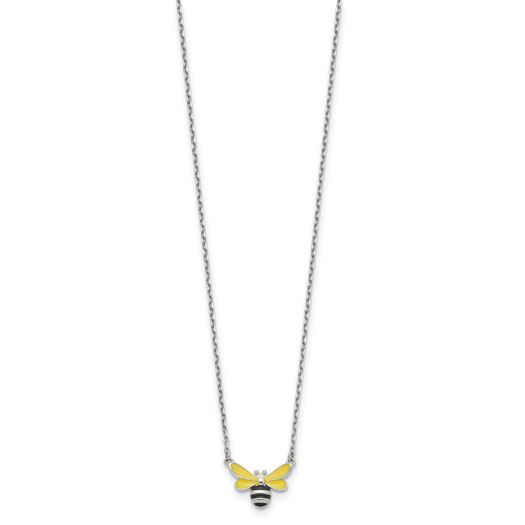 Sterling Silver Polished Yellow & Black Enameled Bumblebee with 2 Inch Extension Children's Necklace