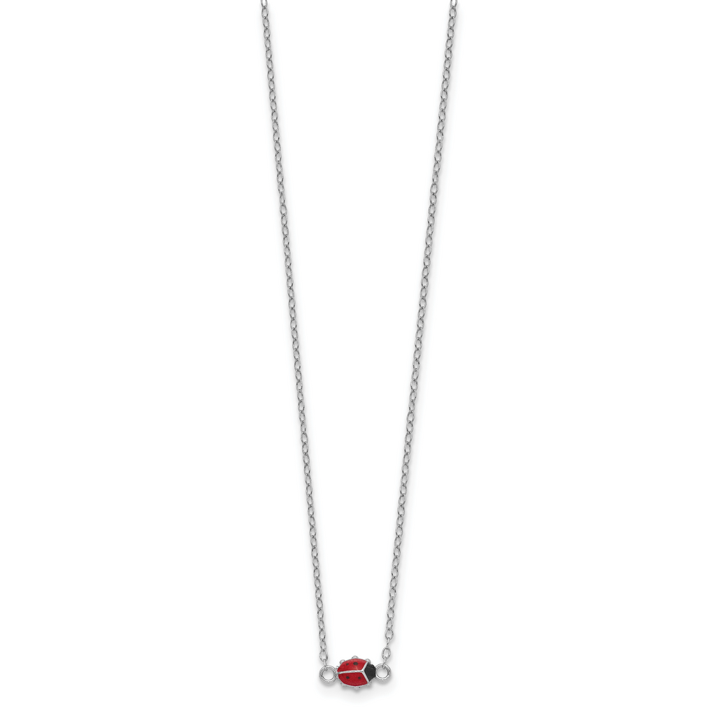 Sterling Silver Polished Red & Black Enameled Ladybug with 2 Inch Extension Children's Necklace