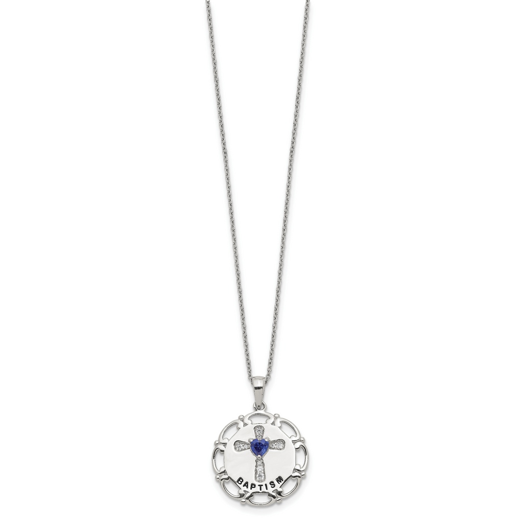 Sterling Silver Enameled Blue & Clear CZ Cross Necklace