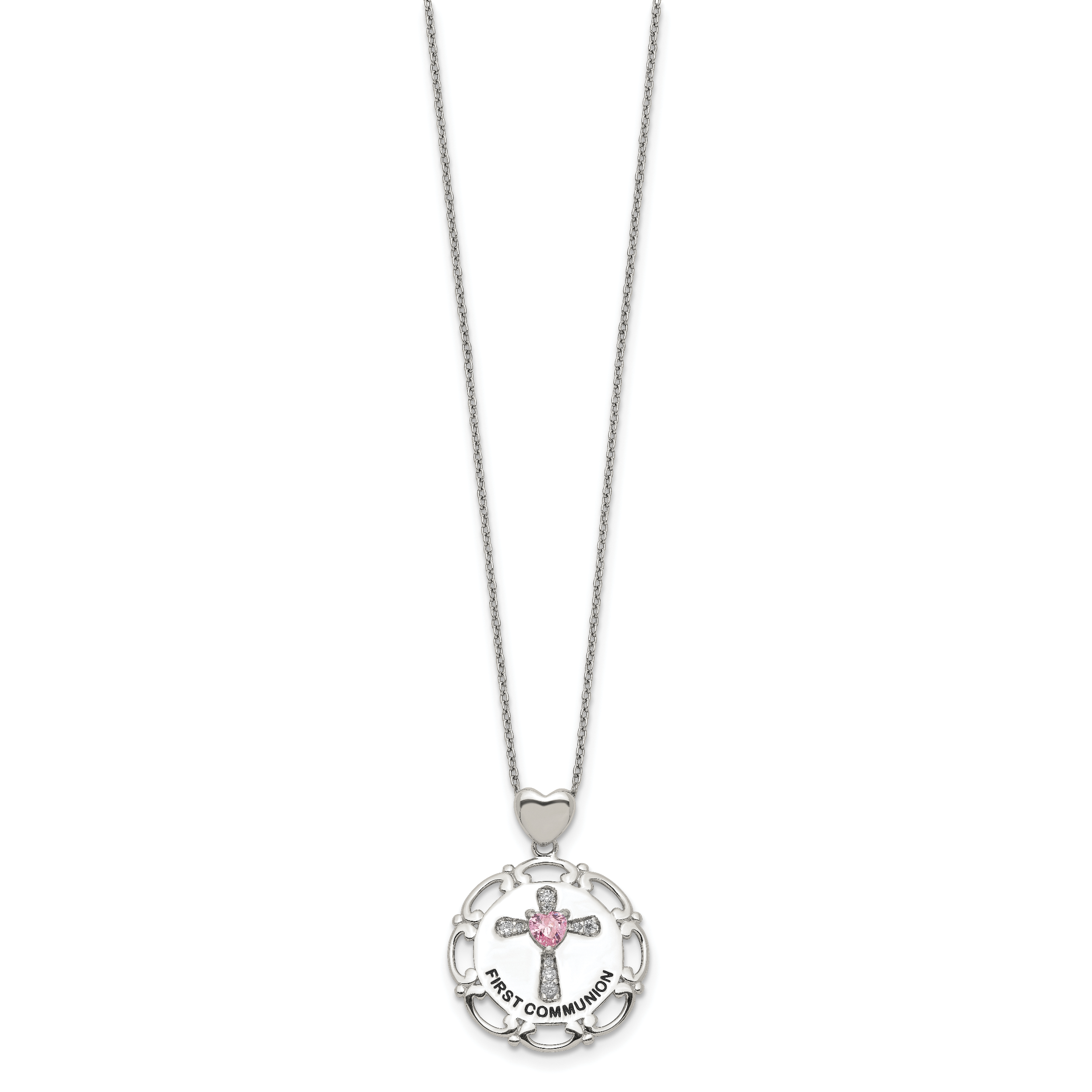 Sterling Silver Enameled Pink & Clear CZ Cross Necklace Secondary image