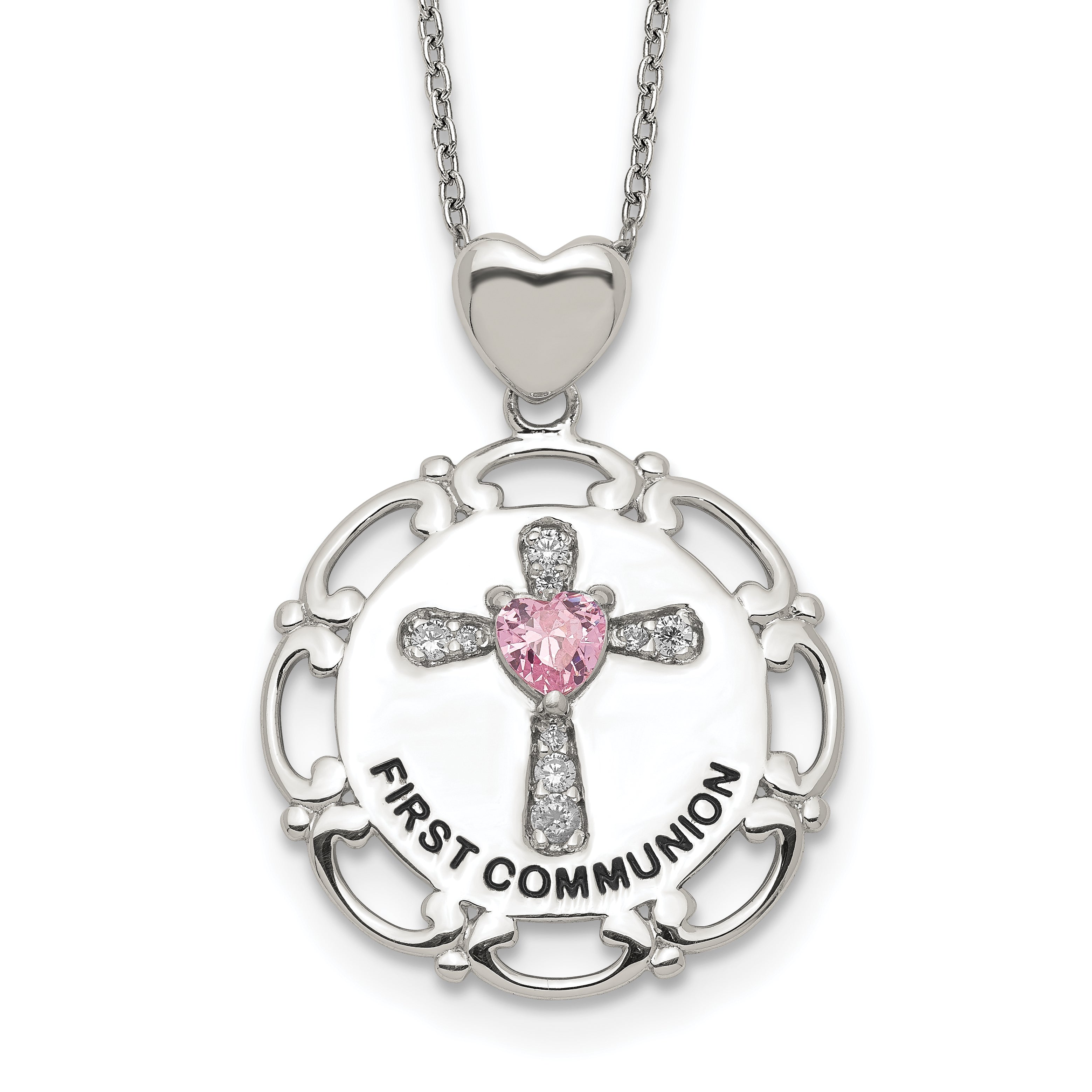Sterling Silver Enameled Pink & Clear CZ Cross Necklace Main image