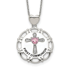 Sterling Silver Enameled Pink & Clear CZ Cross Necklace