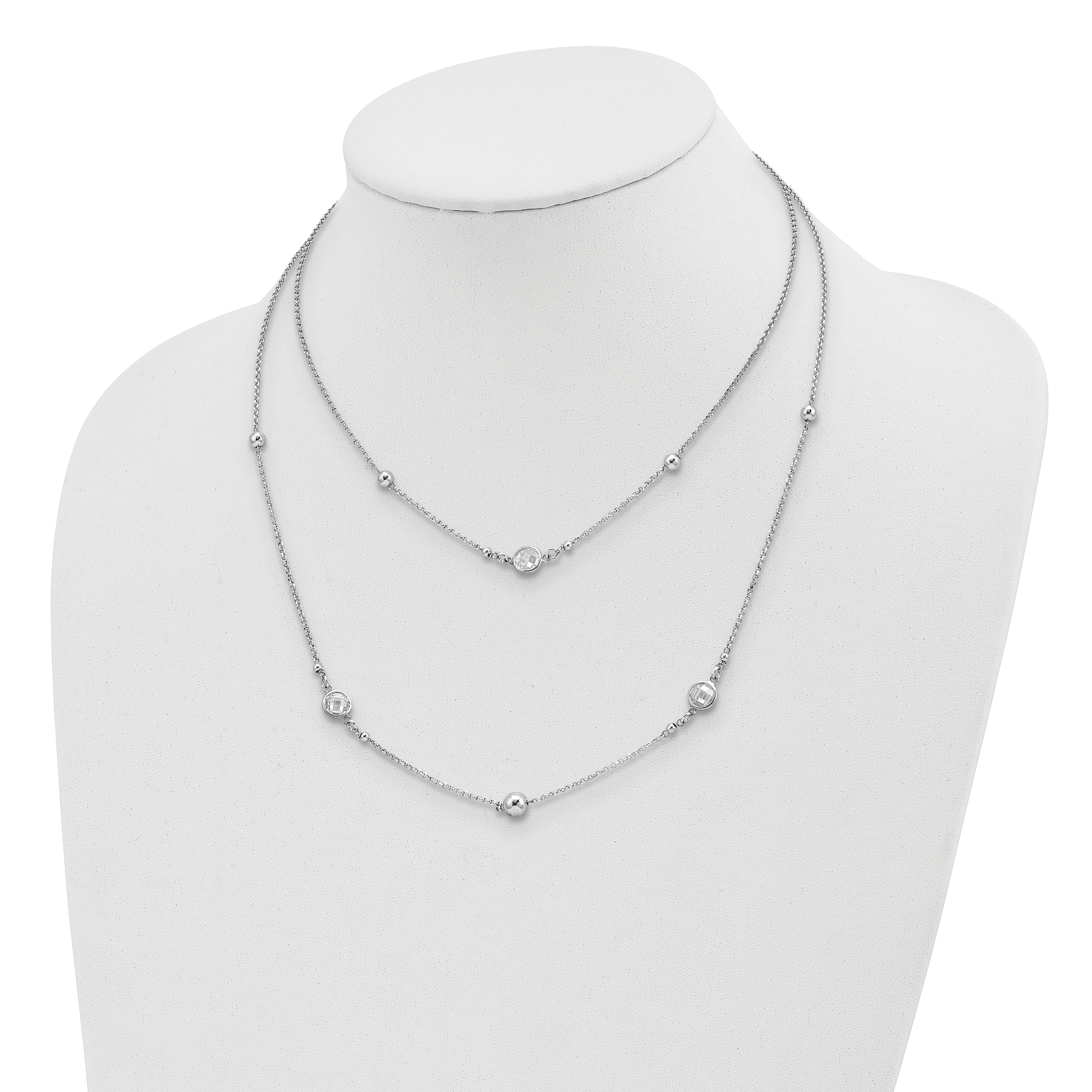 Sterling Silver Rhodium-plated CZ/Beaded 2-strand With 1in Ext. Necklace